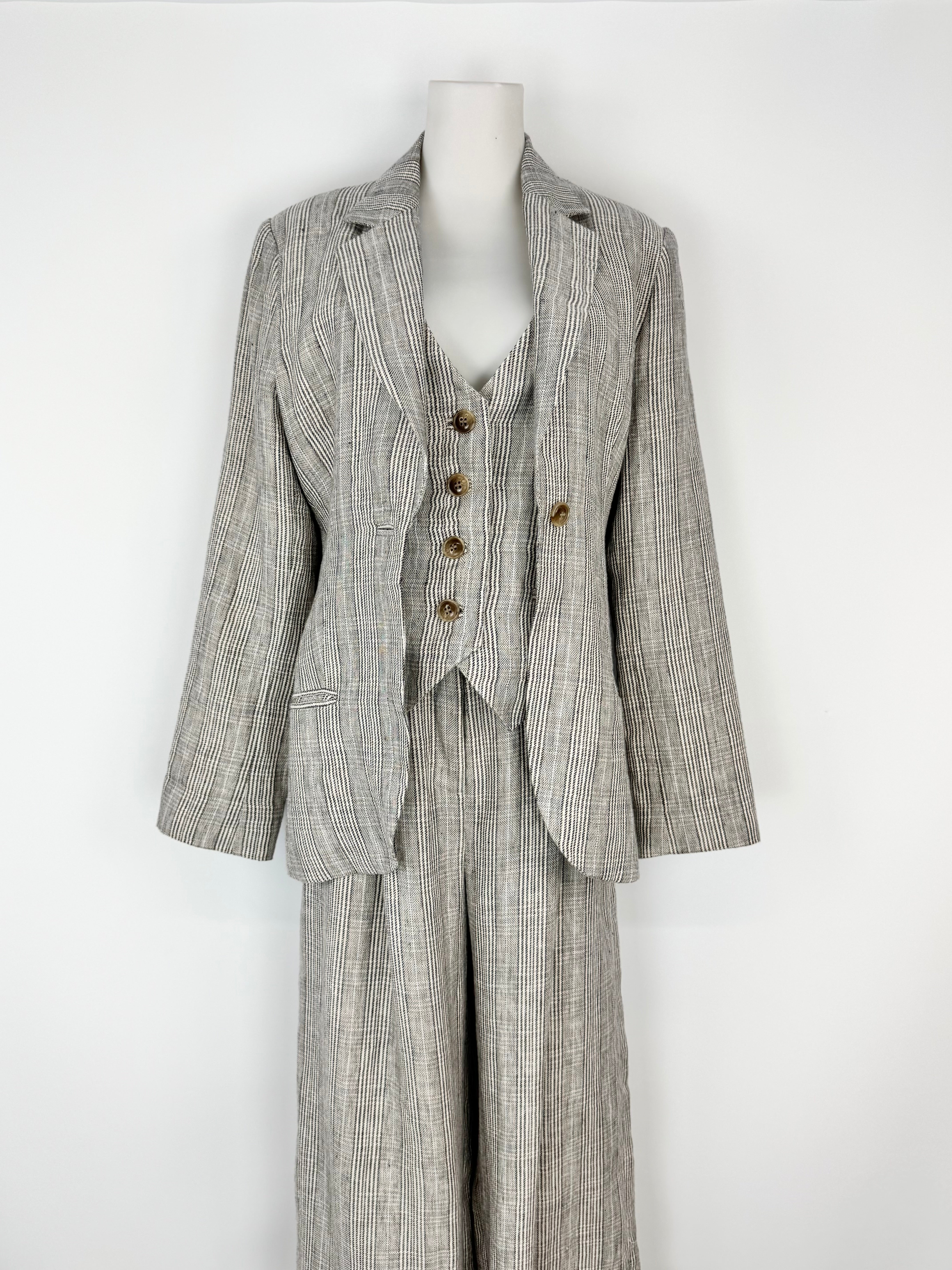 Husk Grey Beige & Blue Prince of Wales Check Linen 3 Piece Suit - AU8