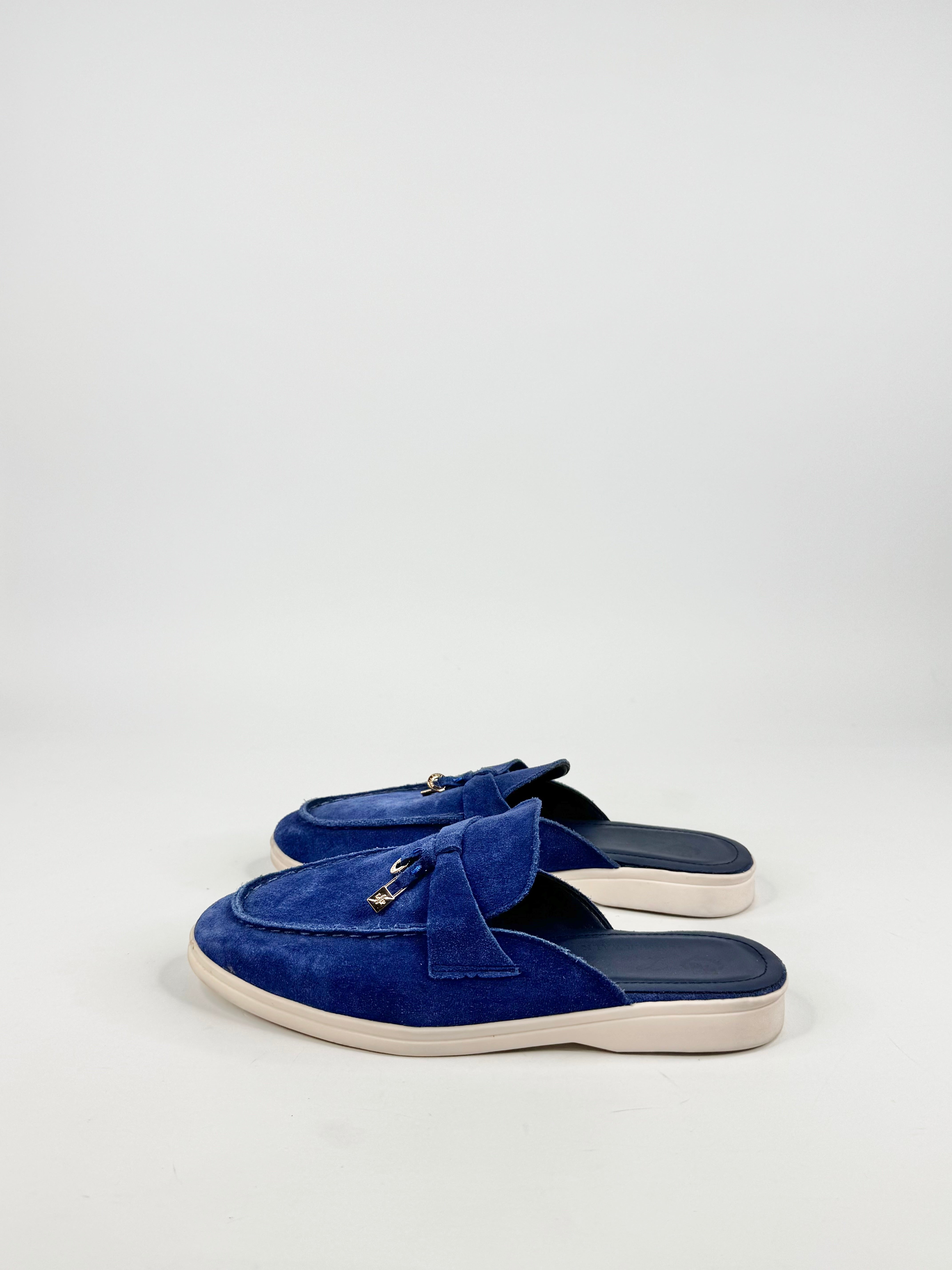 Loro Piana Blue Suede Babouche Charm Embellished Mules - EU38