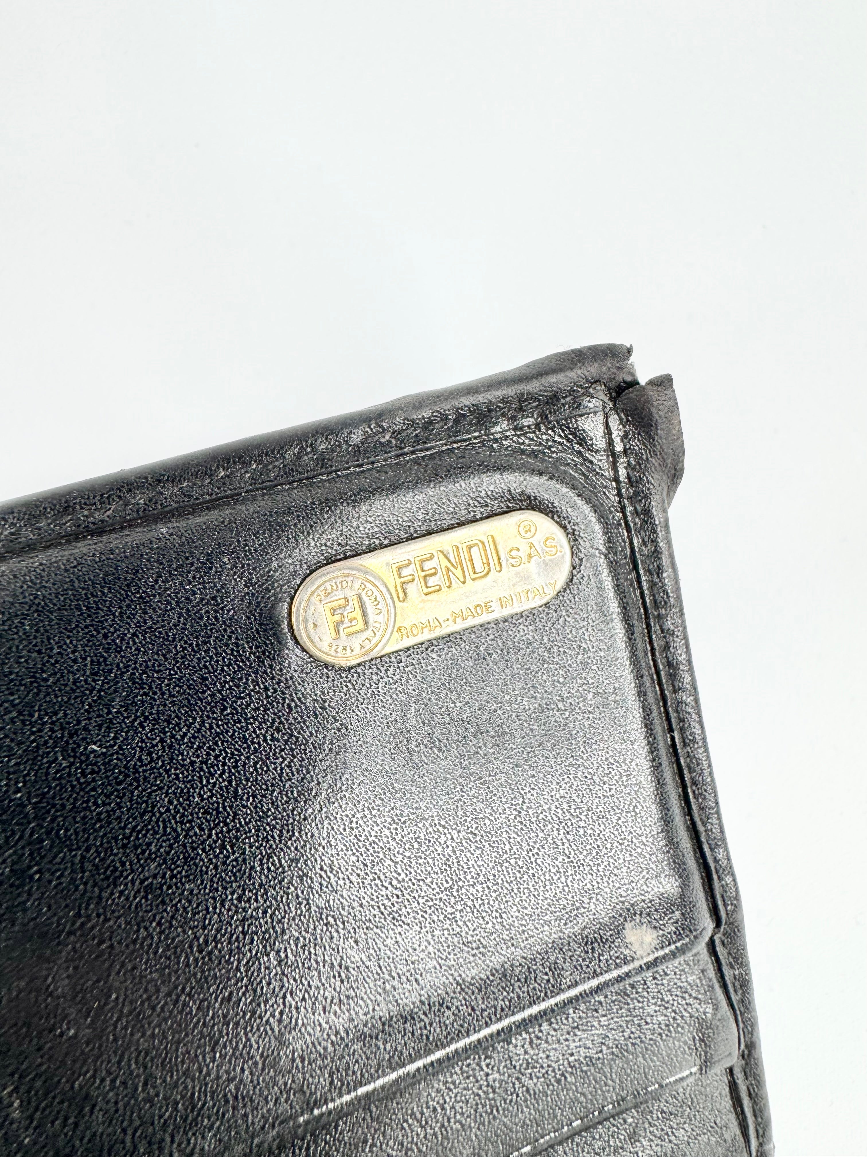 Vintage 90s Fendi Black Canvas & Leather Striped Wallet
