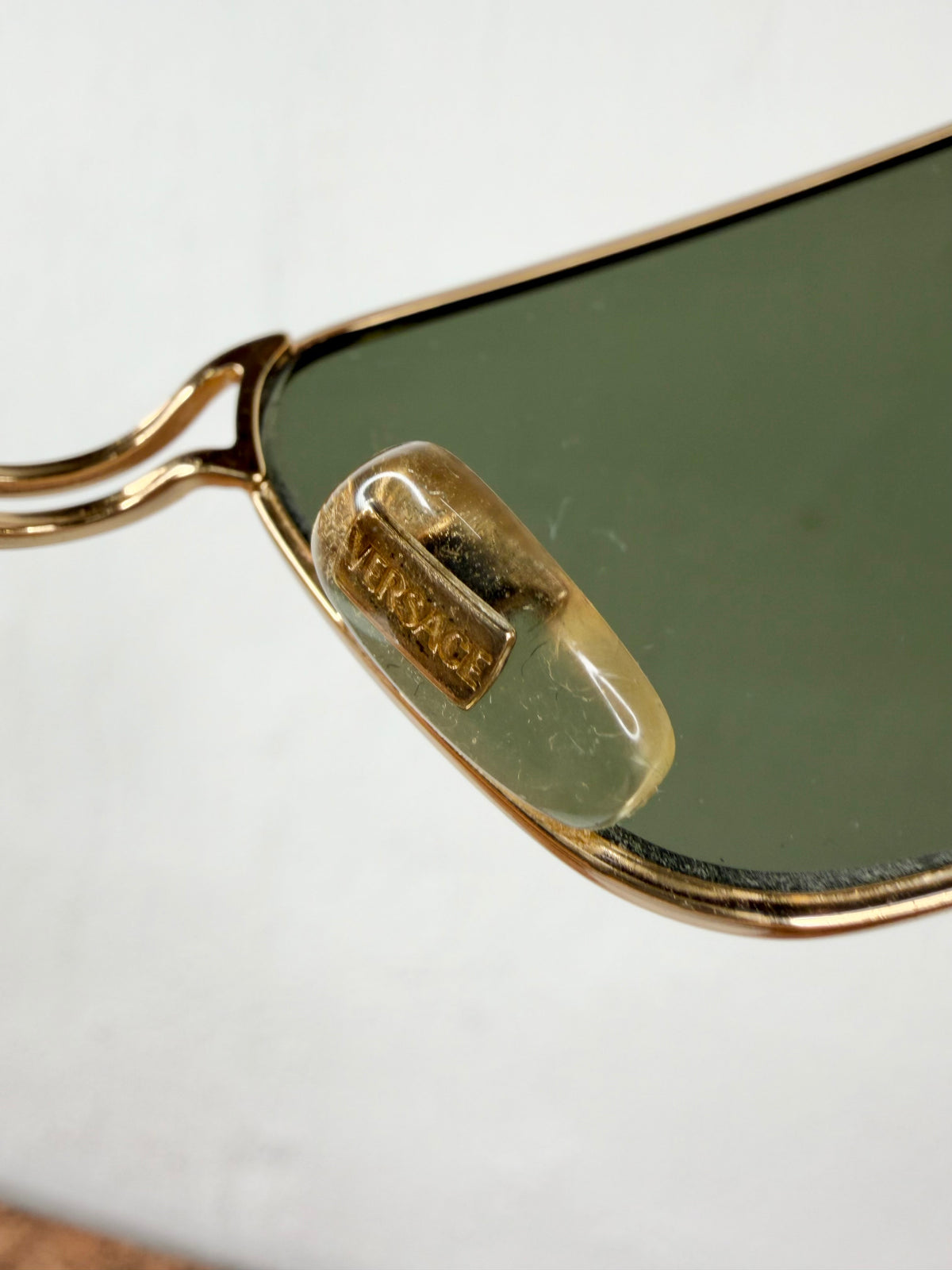 Vintage Versace Gold & Amber Meander Patterned Rectangle Square Sunglasses