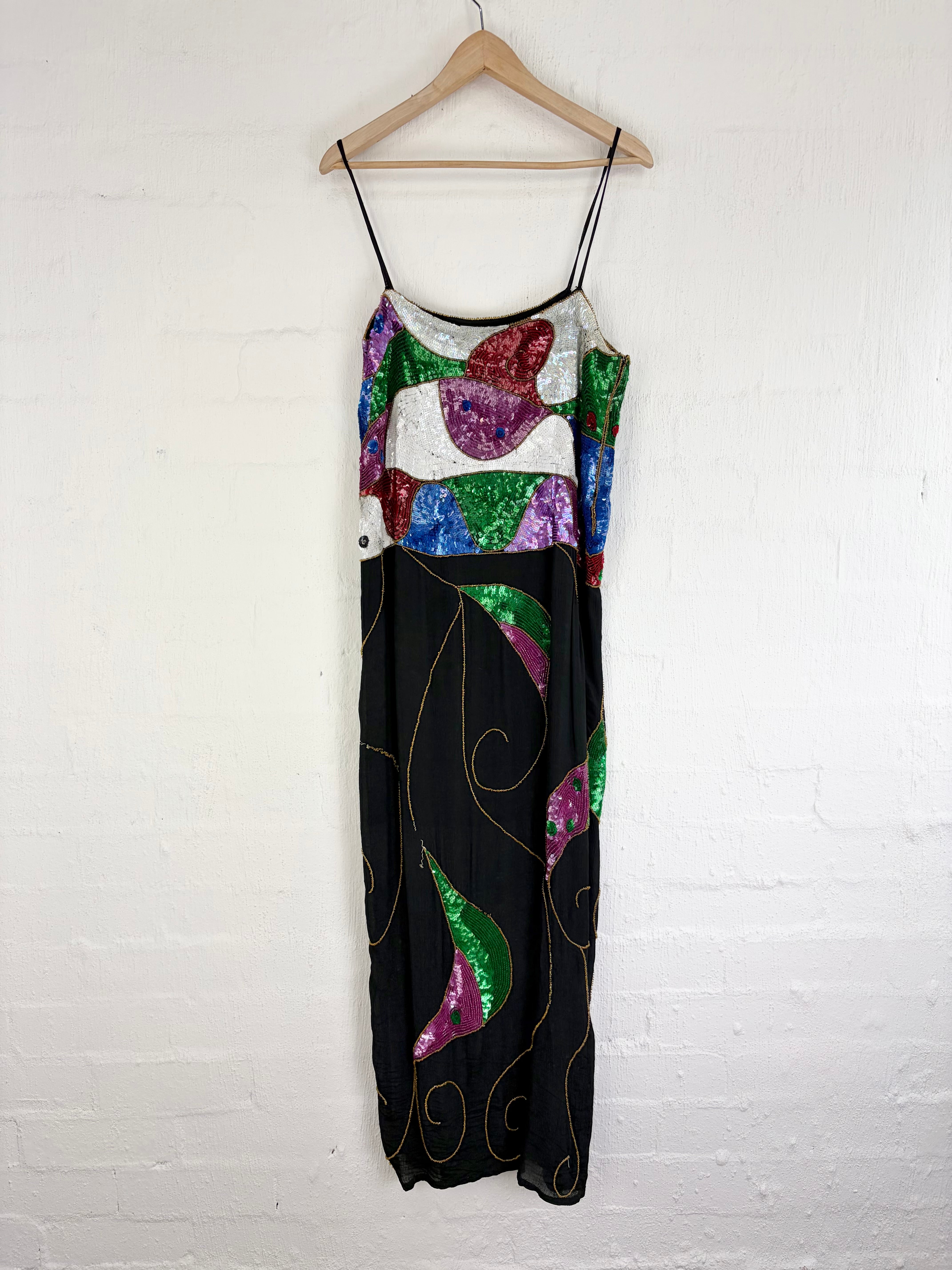 Vintage Hand-made Abstract Patterned Jewl Toned Sequin Gown - AU10/12