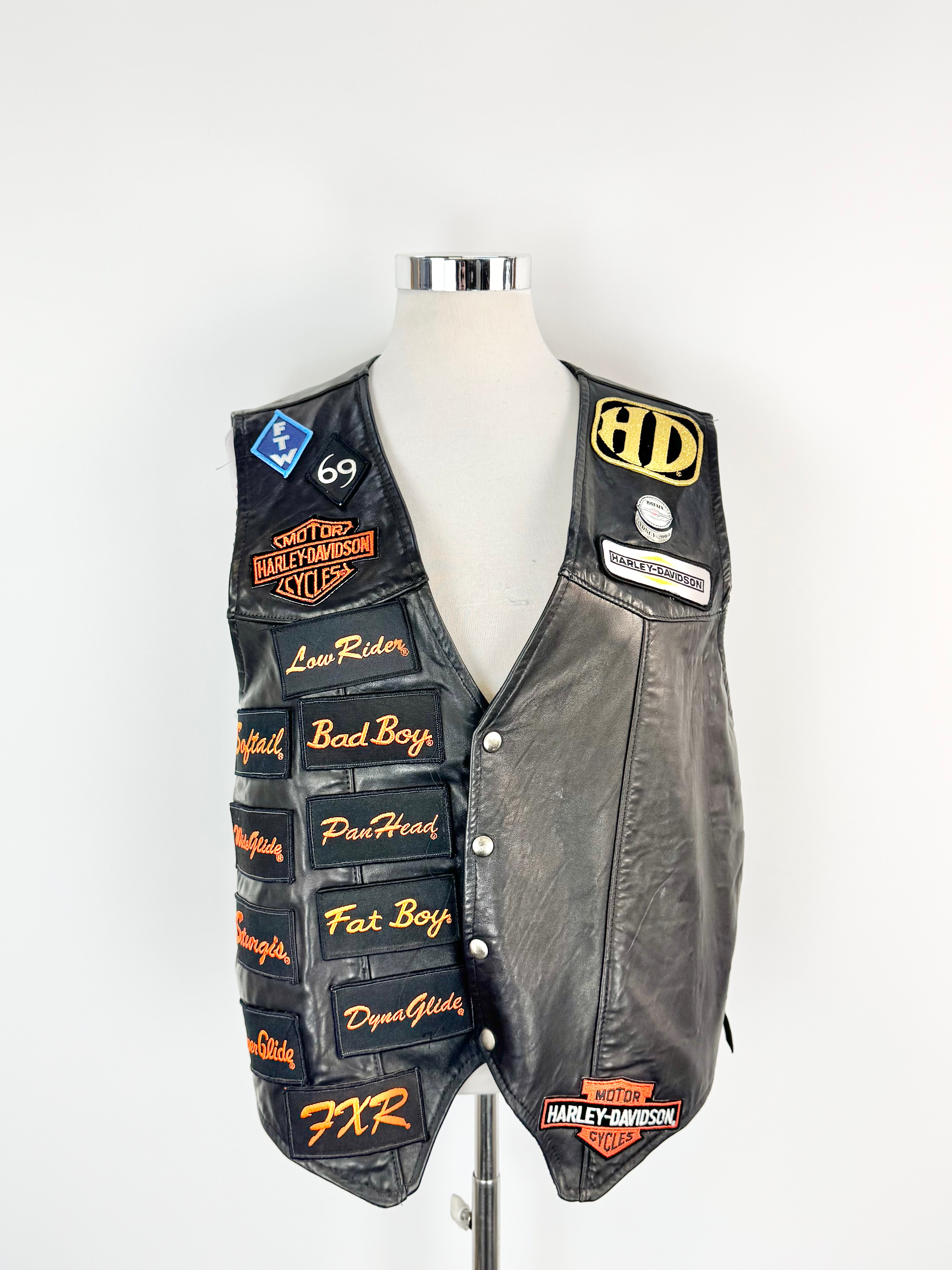 Vintage Harley Davidson Black Leather Patched Vest - XXL