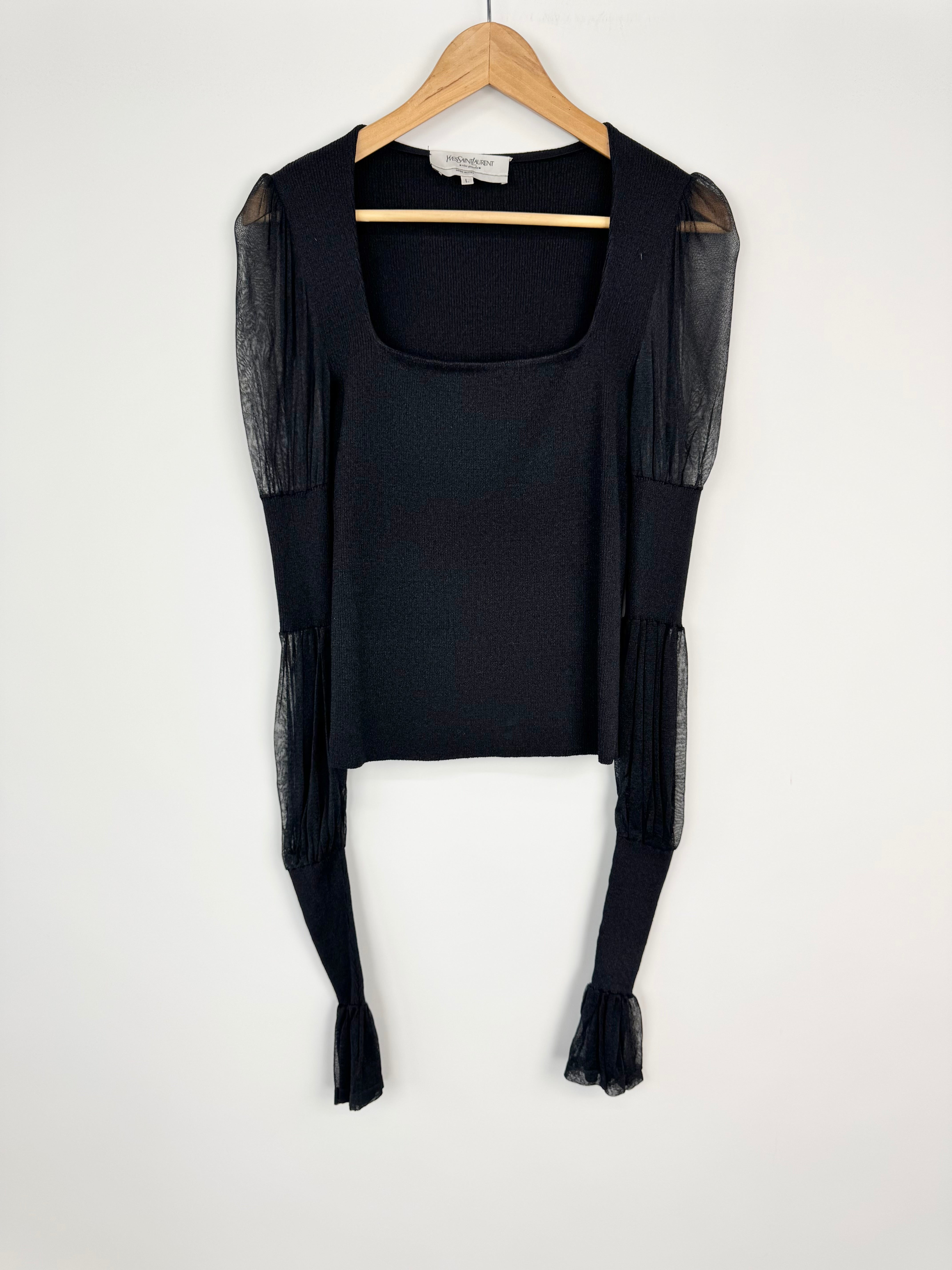 Vintage Yves Saint Laurent Rive Gauche Black Square Neck Long Sleeve Blouse - AU12