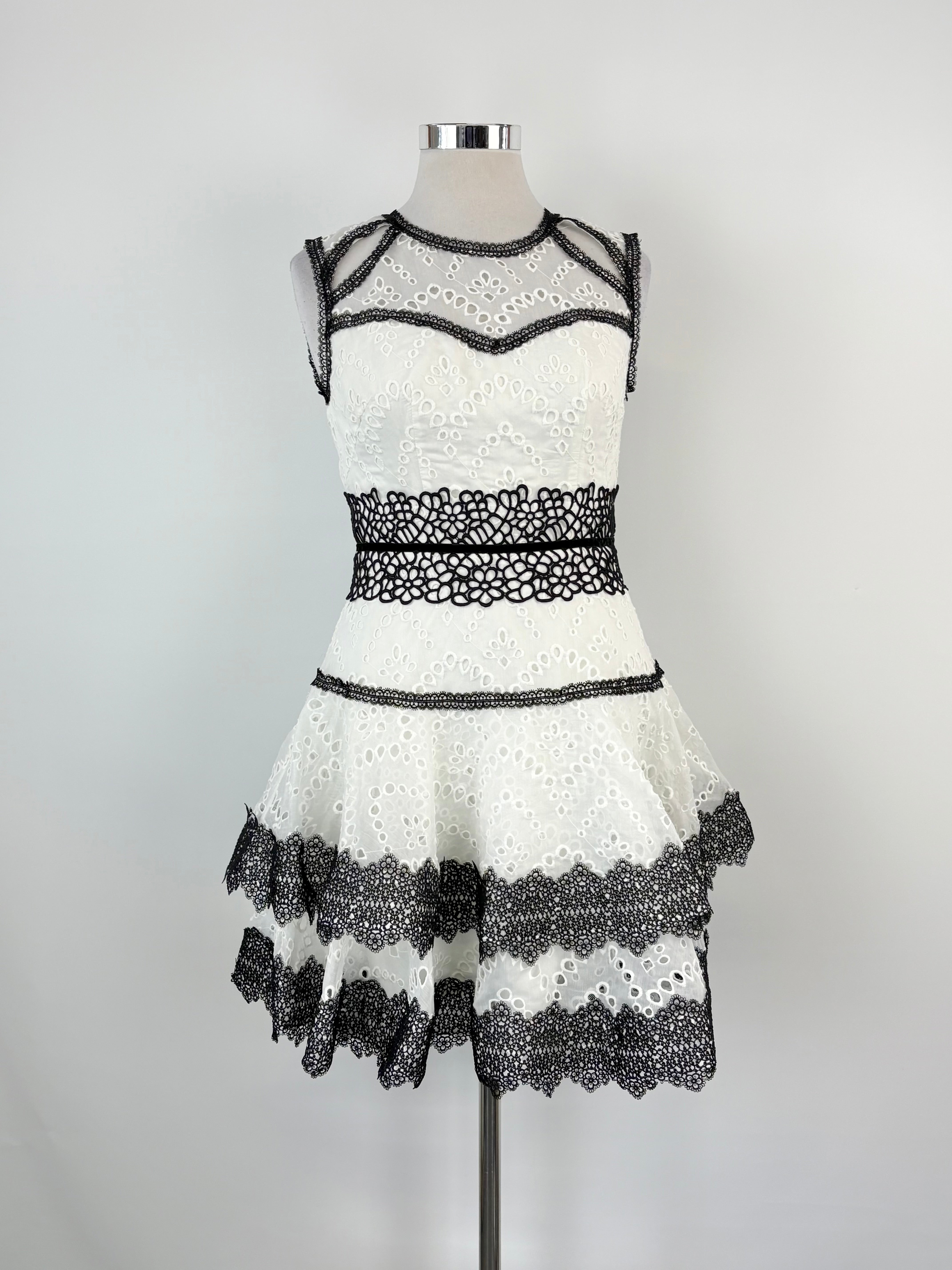 Bronx & Banco White and Black Trim Embroidered Mini Dress - AU12