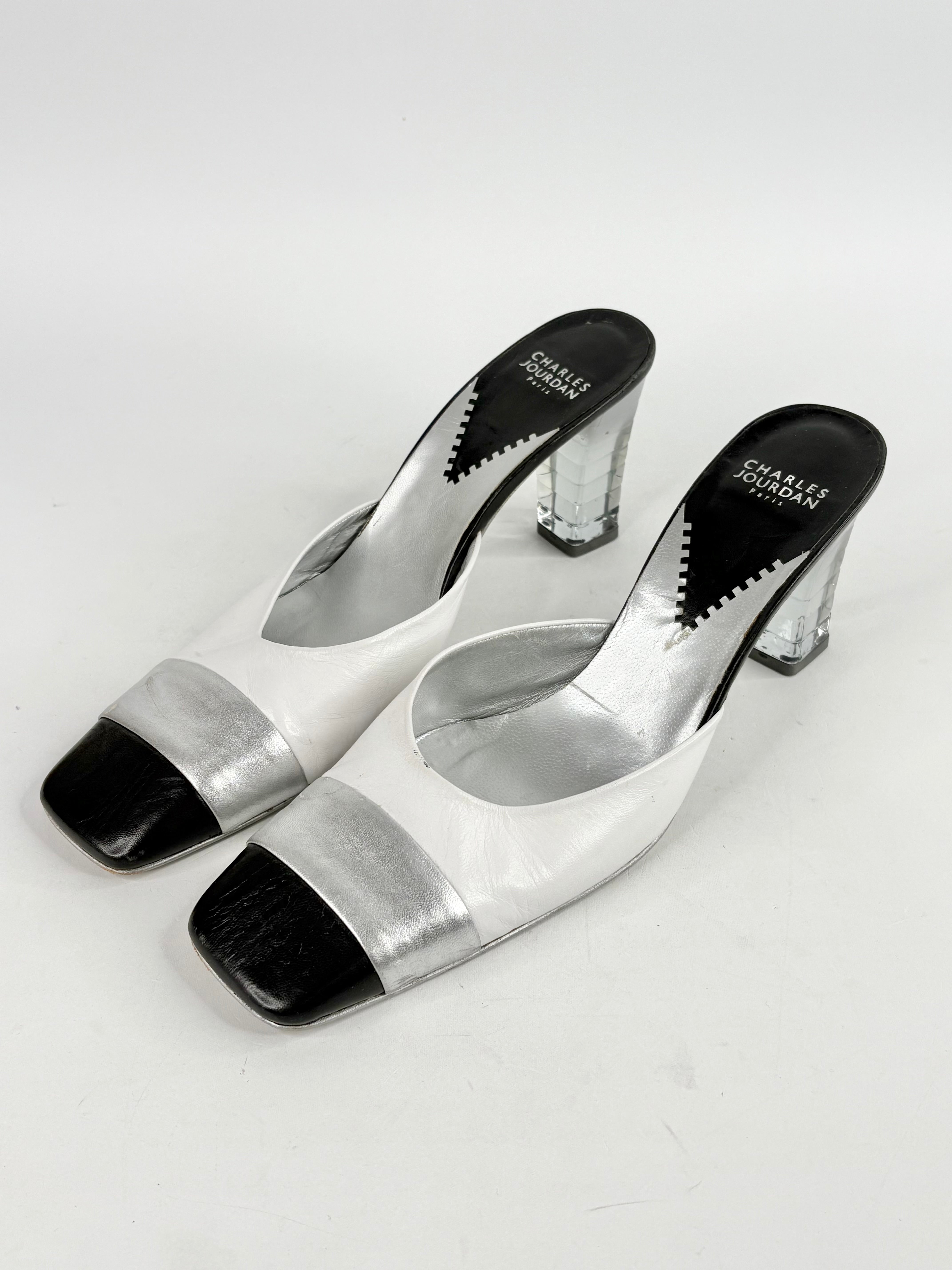 Charles Jourdan Black, White & Silver Leather Sandals - EU41