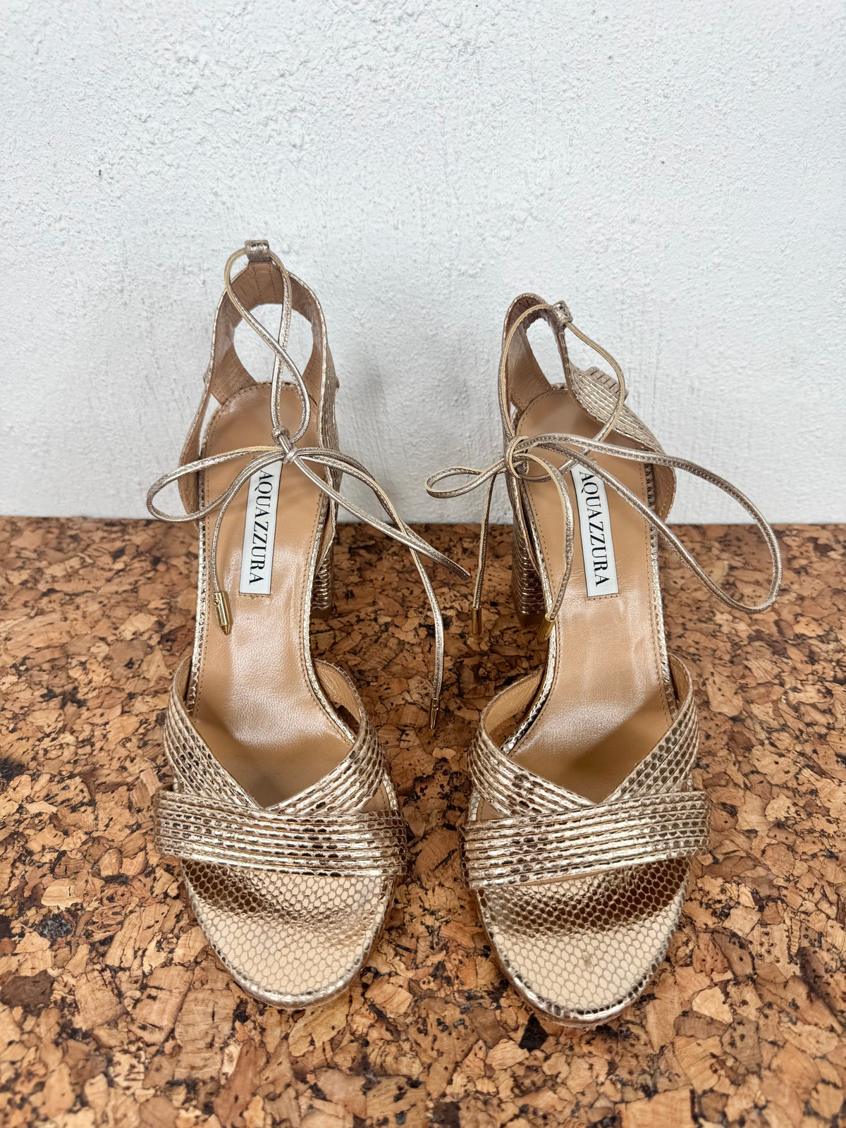 Aquazzura Rose Gold 'Ari' Metallic Leather Snakeskin Embossed Wrap Heels - EU37.5