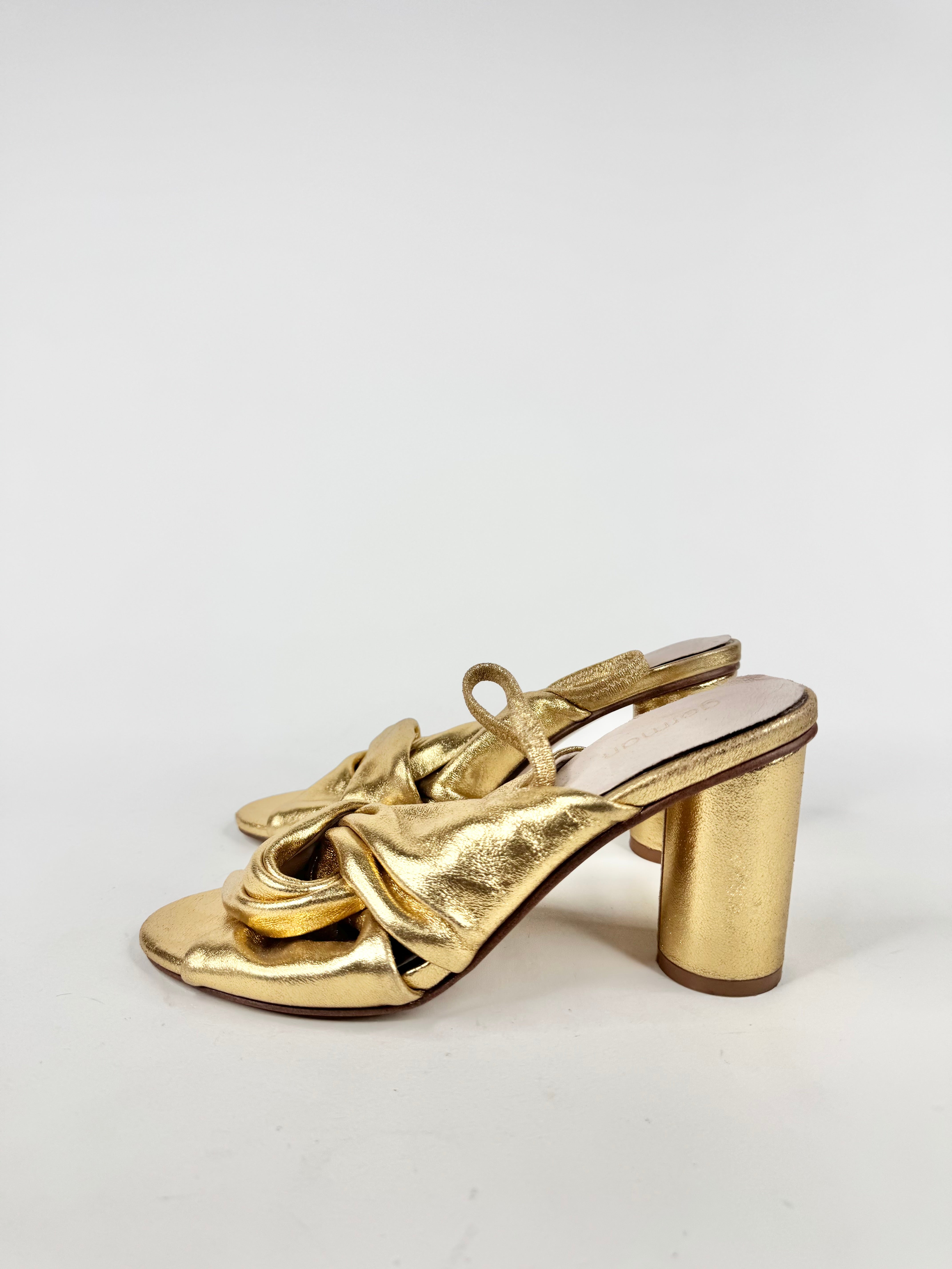 Gorman Metallic Gold Leather Knotted Bloc Heels - EU38