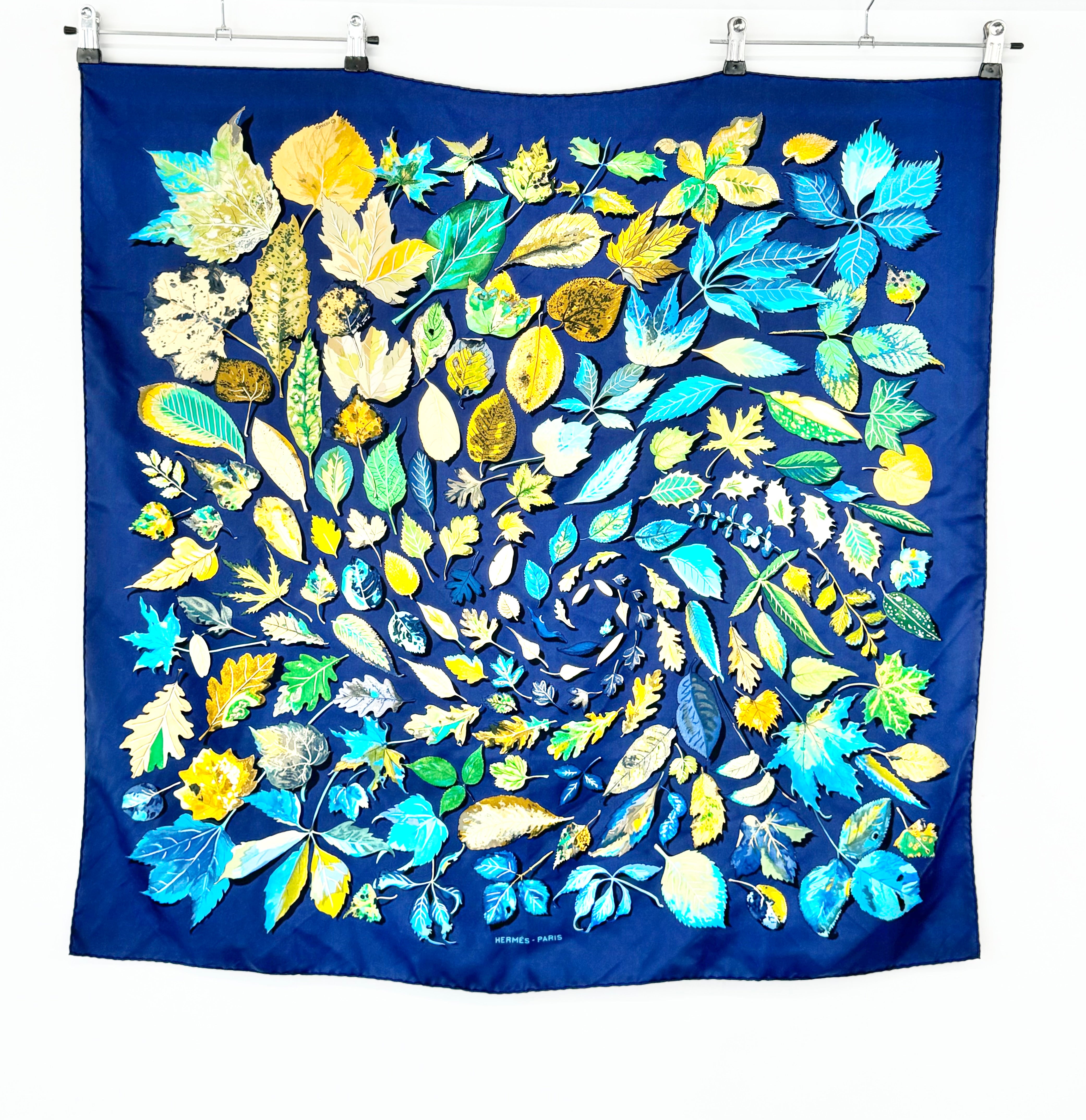 Hermès Blue 'Feuilles D'Automne Tourbillons' Silk Scarf