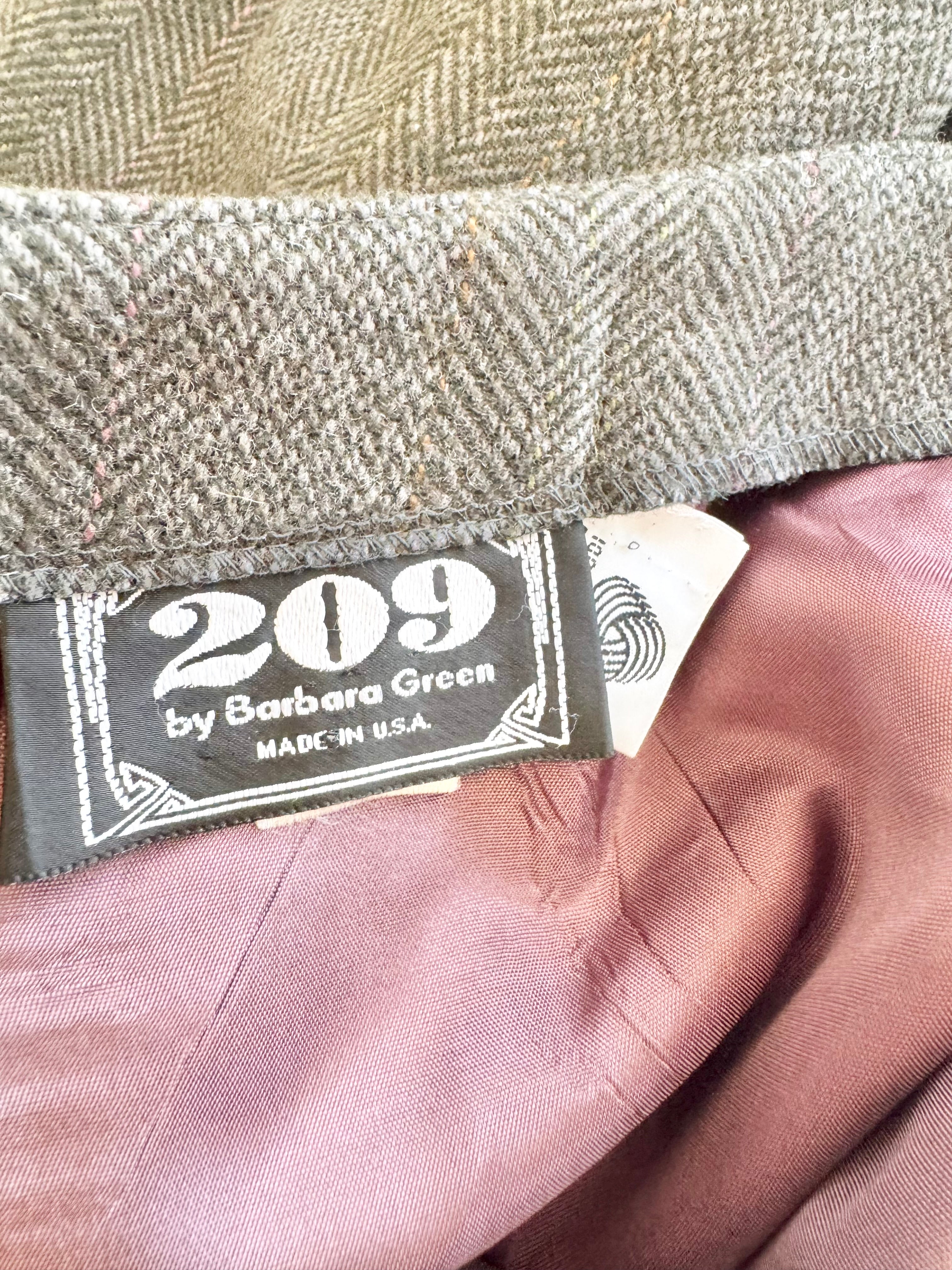 Vintage 80s 209 by Barbara Green Blue & Brown Herringbone Wool Midi Skirt - AU10/12
