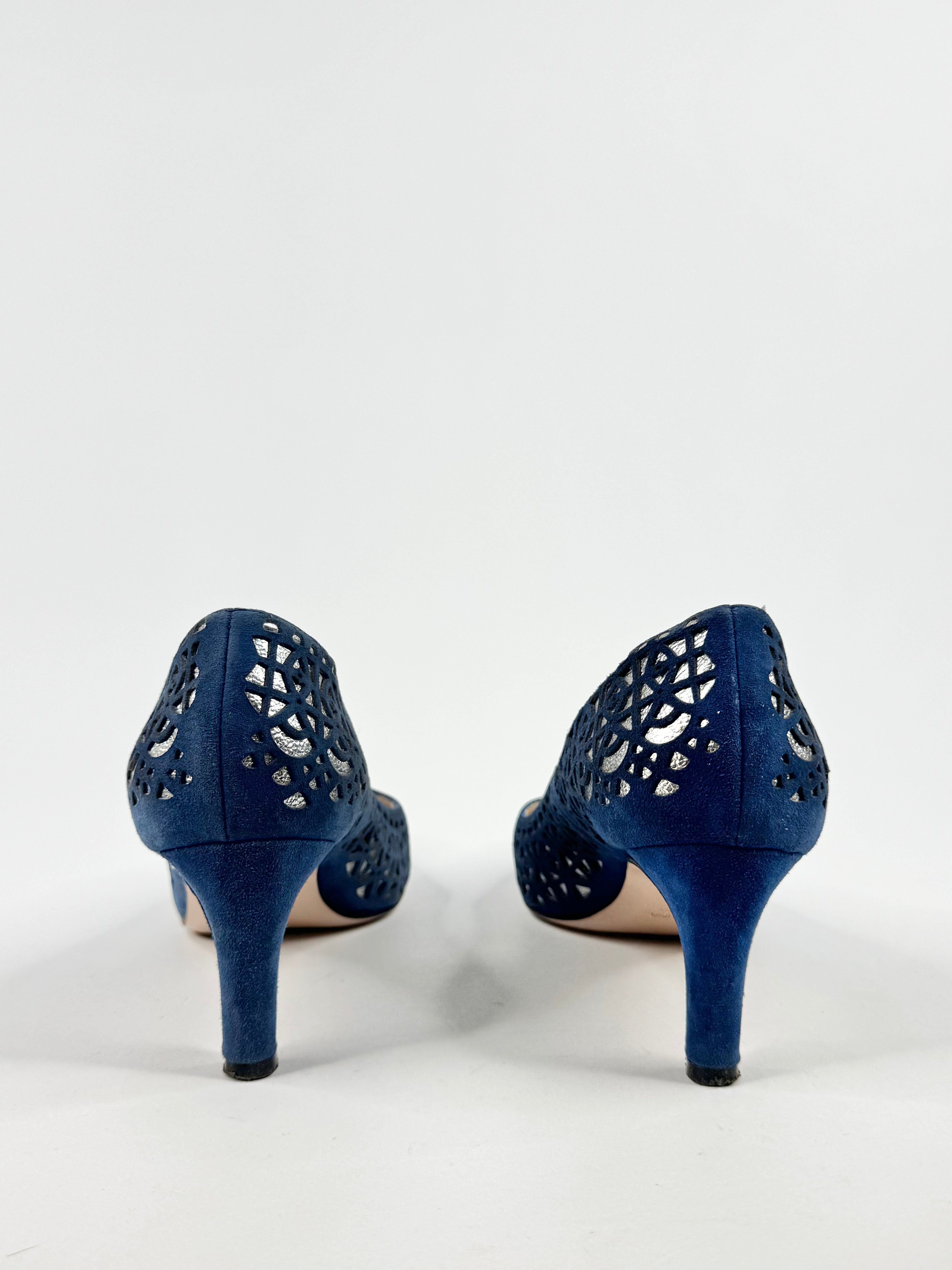 Napoleoni Blue & Silver Lazer Cut Kitten Heels - EU37.5