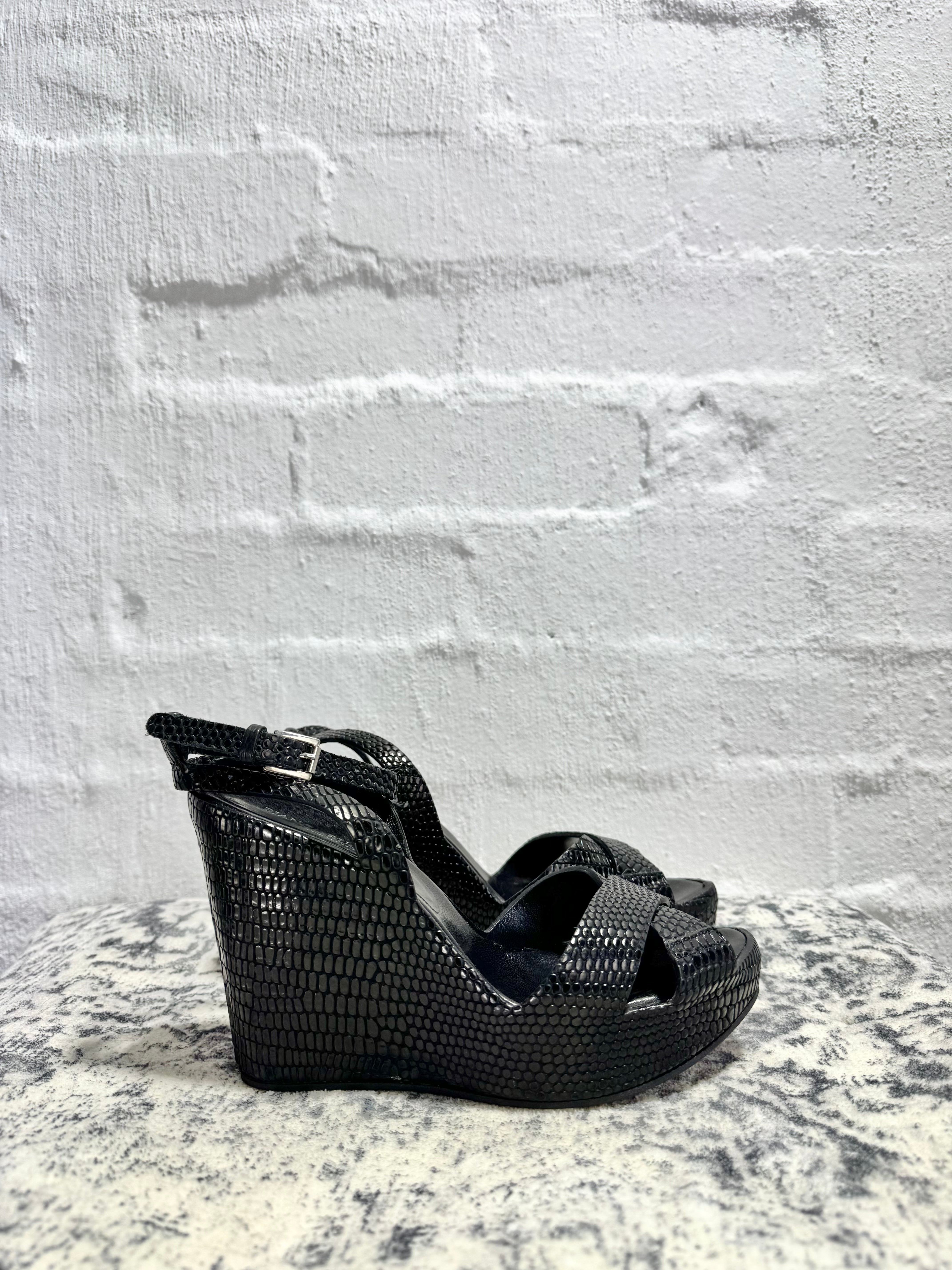 Bianca Buccheri Black Reptile Embossed Peep Toe Wedges - EU37