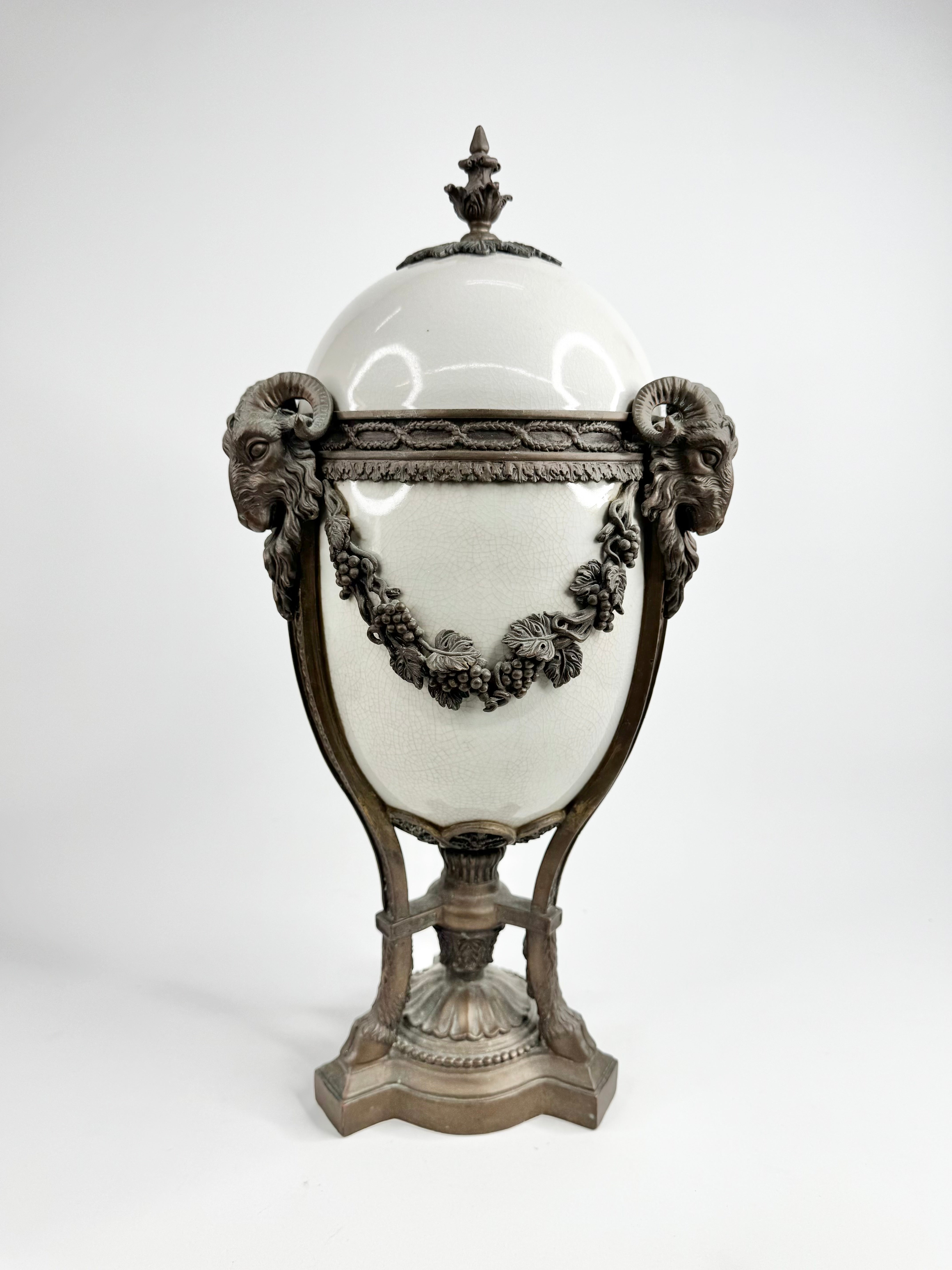 Vintage R.M. Hall Pty Ltd Neoclassical Goat Head Urn with Crackle Glaze Finish
