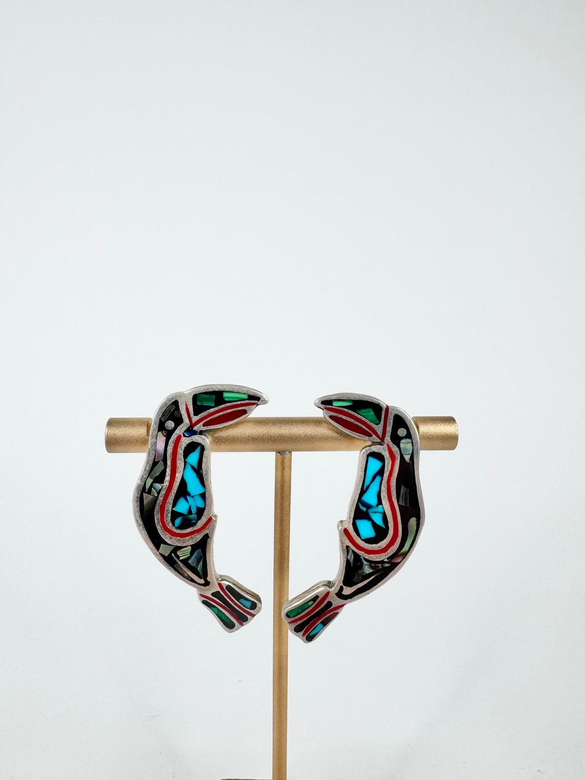 Vintage Taxco Silver Malachite & Enamel Toucan Earrings