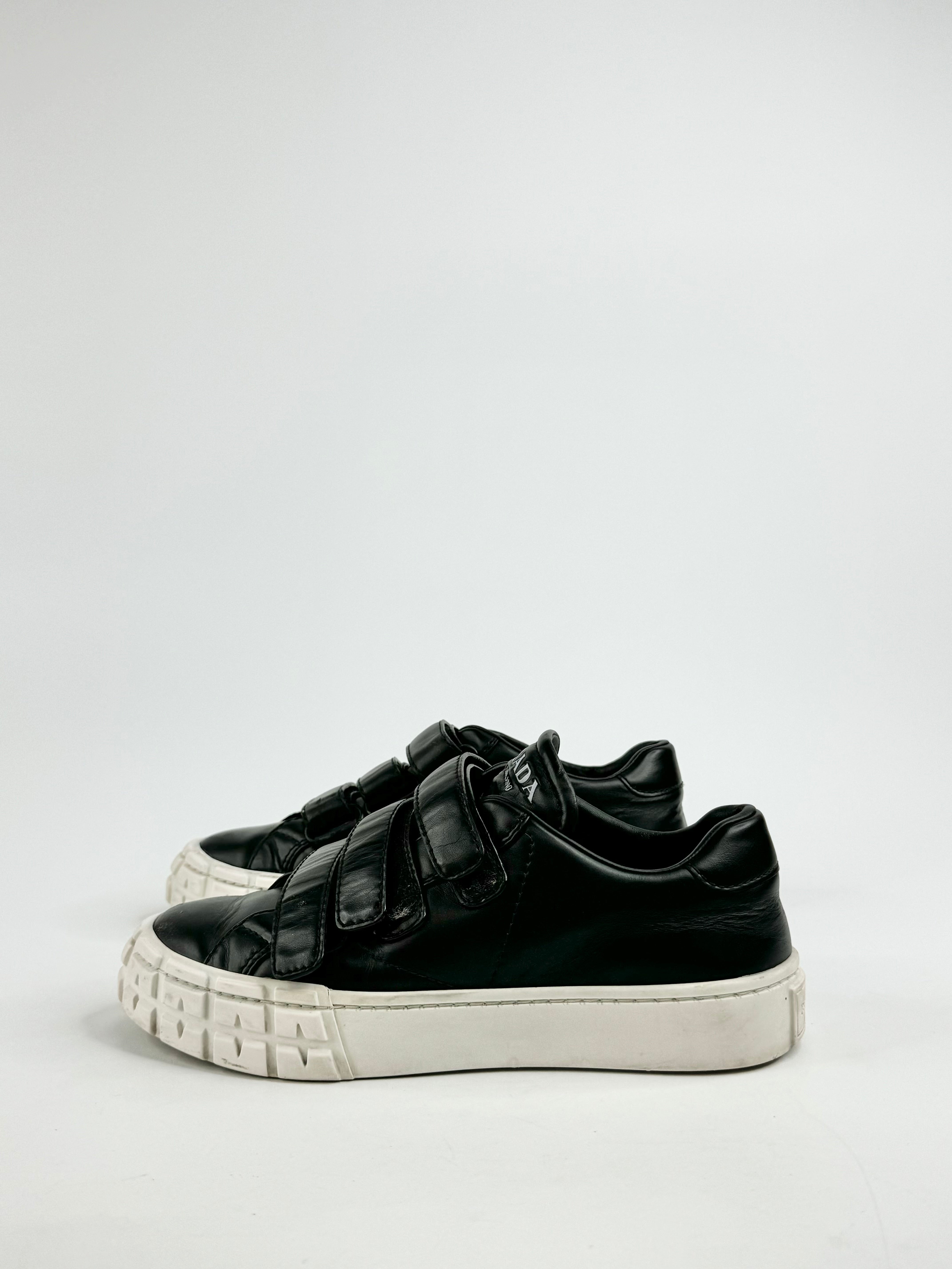 Prada Black Leather Three Strap Velcro Sneakers - EU37.5