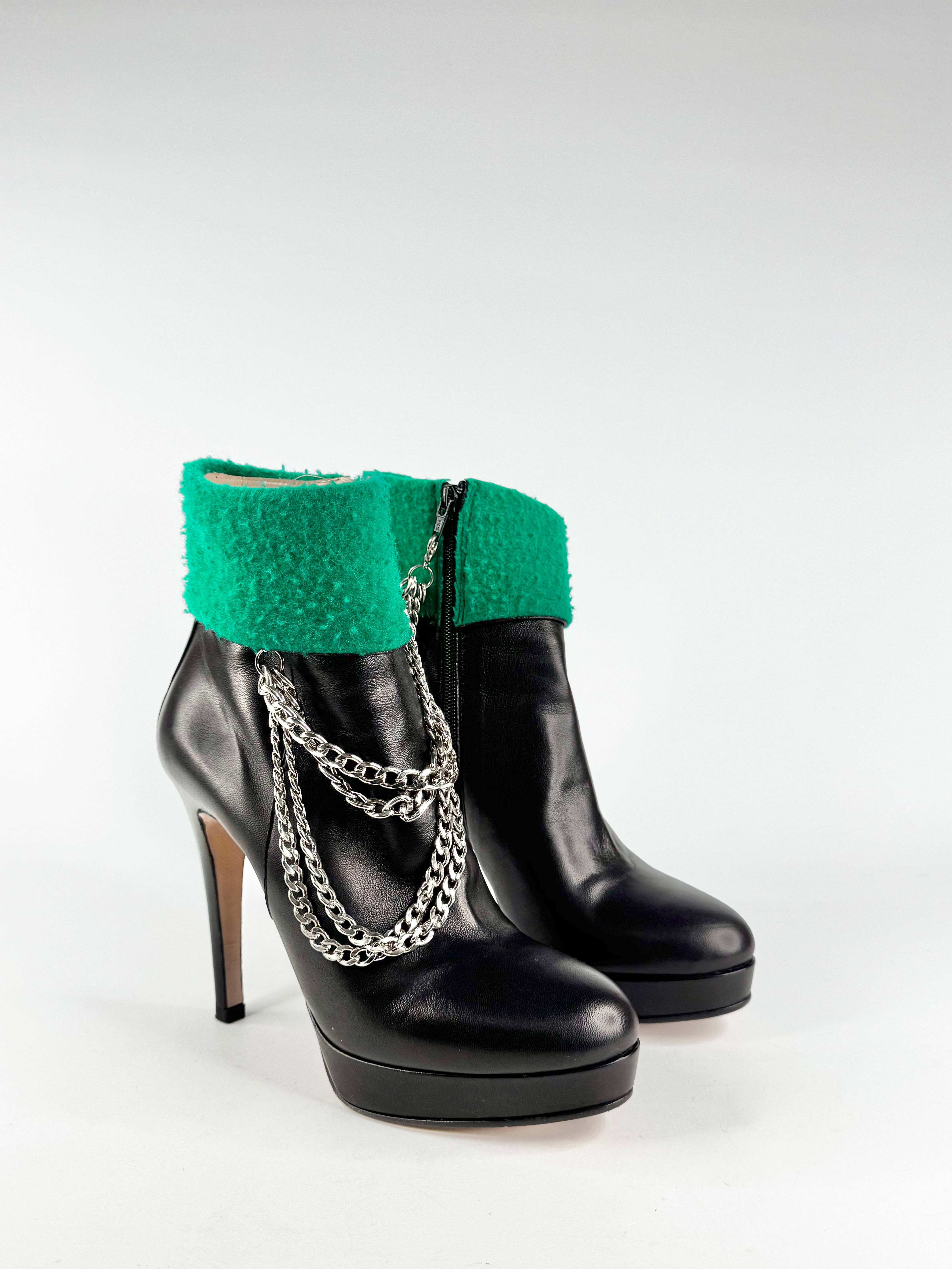 Stefano Stefani Black & Green Felt Chain Ankle Boots - EU41