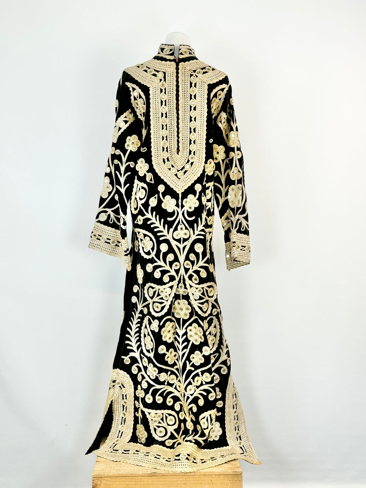 Vintage 70s Black Velvet & Gold Mirror Embellished Maxi Dress - AU10