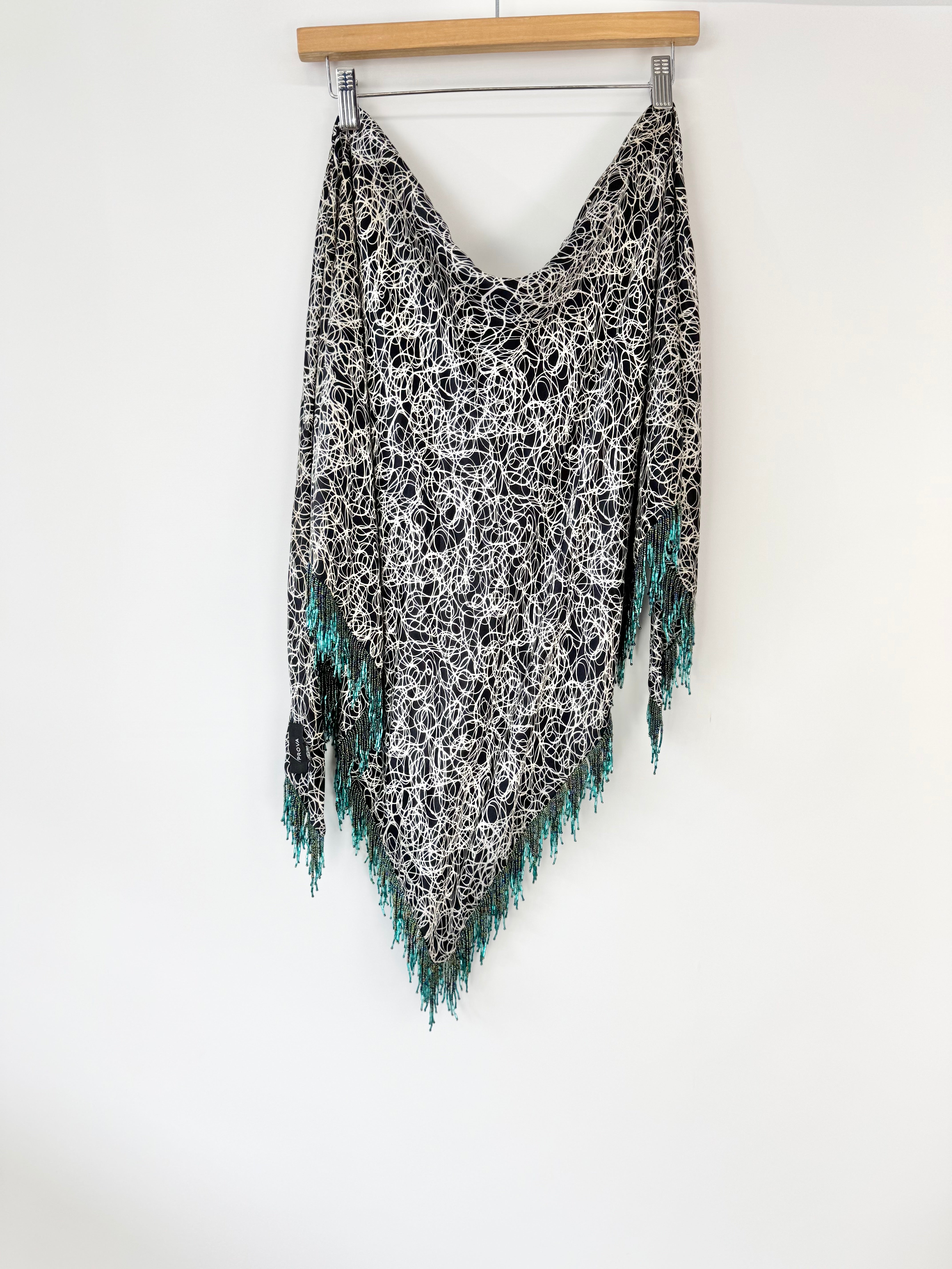 Prova Black & Cream Scribble Pattern Beaded & Fringed Triangle Scarf