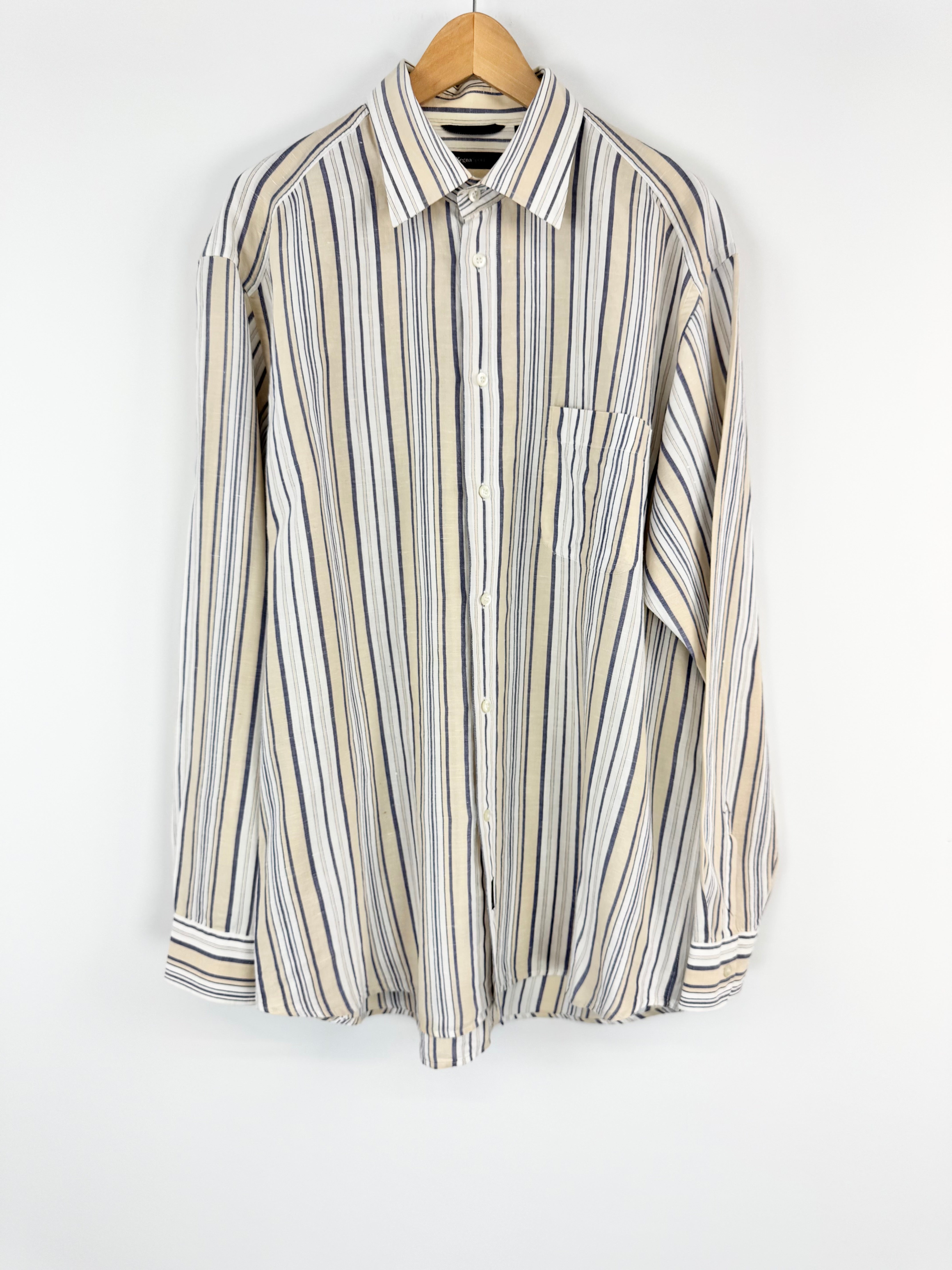 Zegna Sport Beige, White & Blue Striped Linen Shirt - XXL