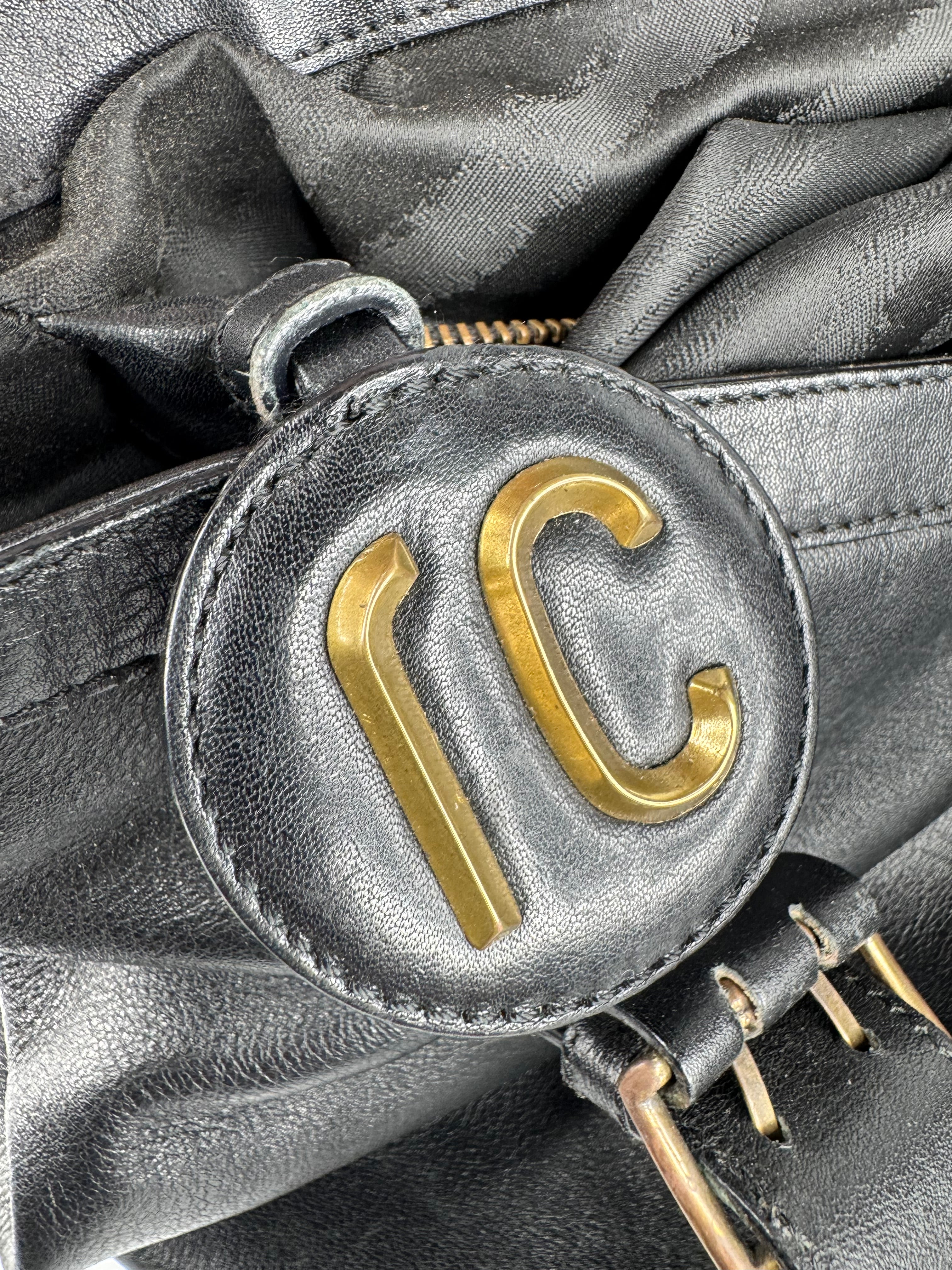 Roberto Cavalli Black Leather Corset Laced Tote Bag