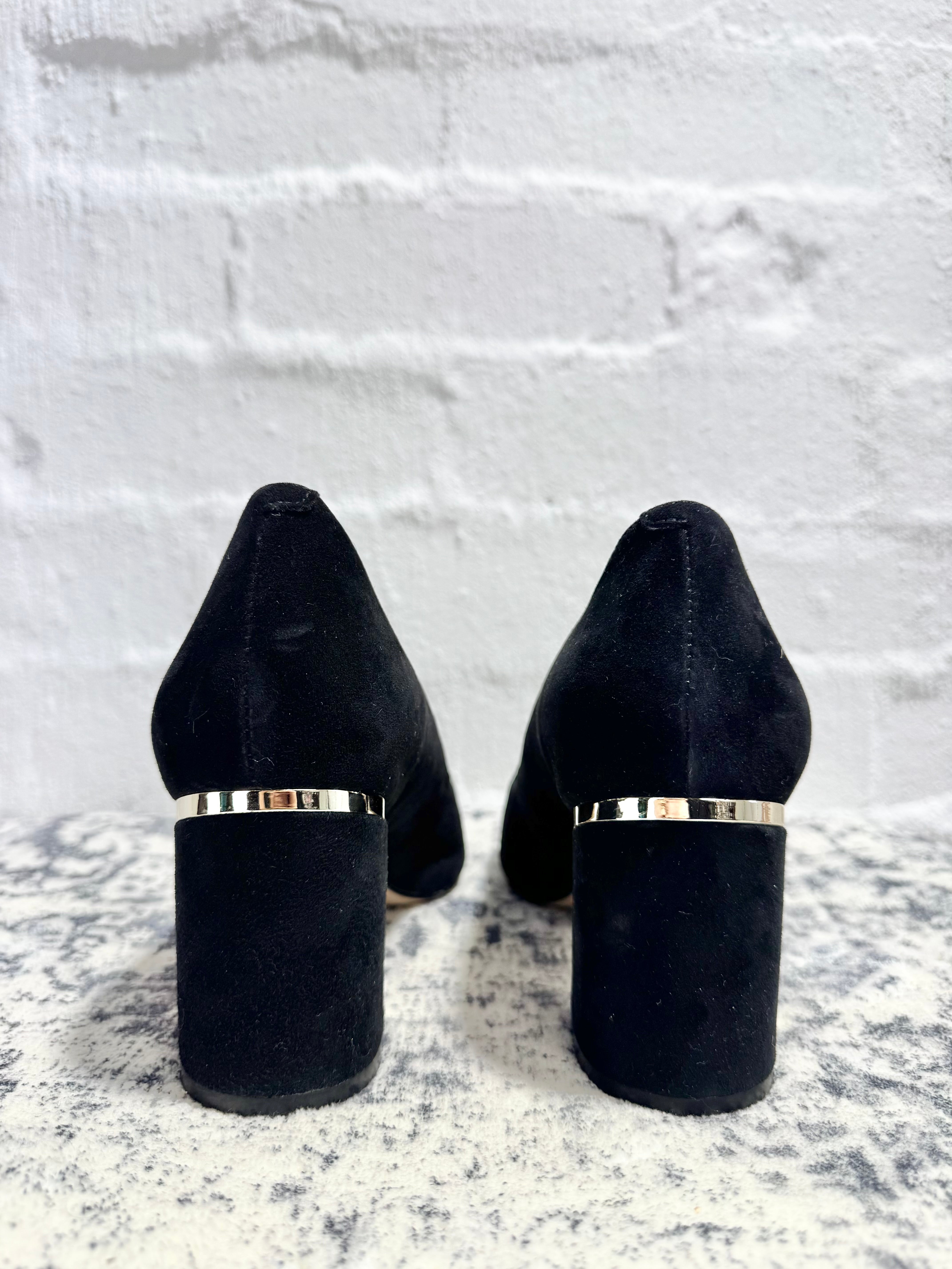 Mi Piaci Black Suede Pointed Toe Block Heel Pumps - EU42