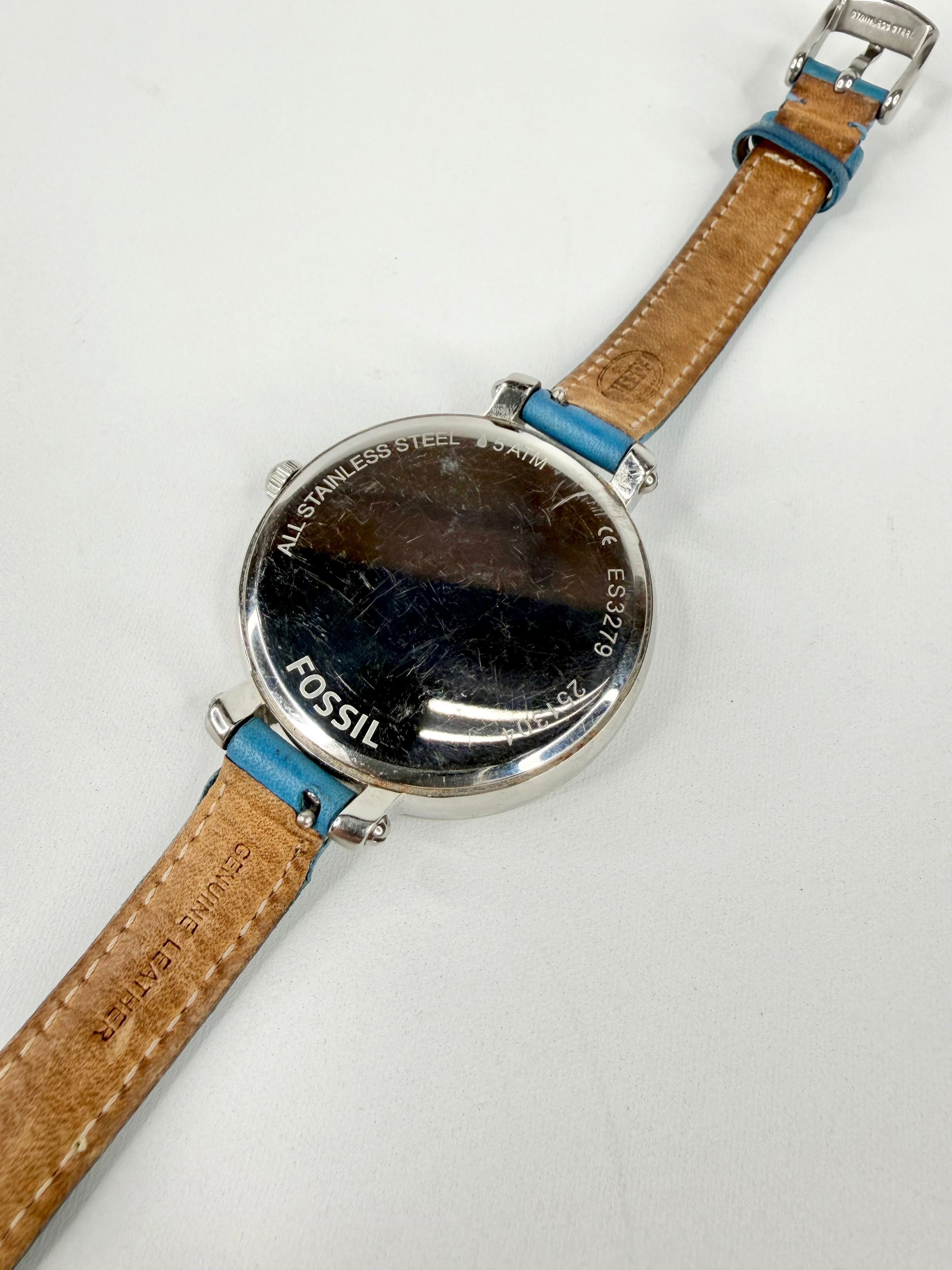 Fossil ES3279 Blue Leather Strap Silver Tone Watch