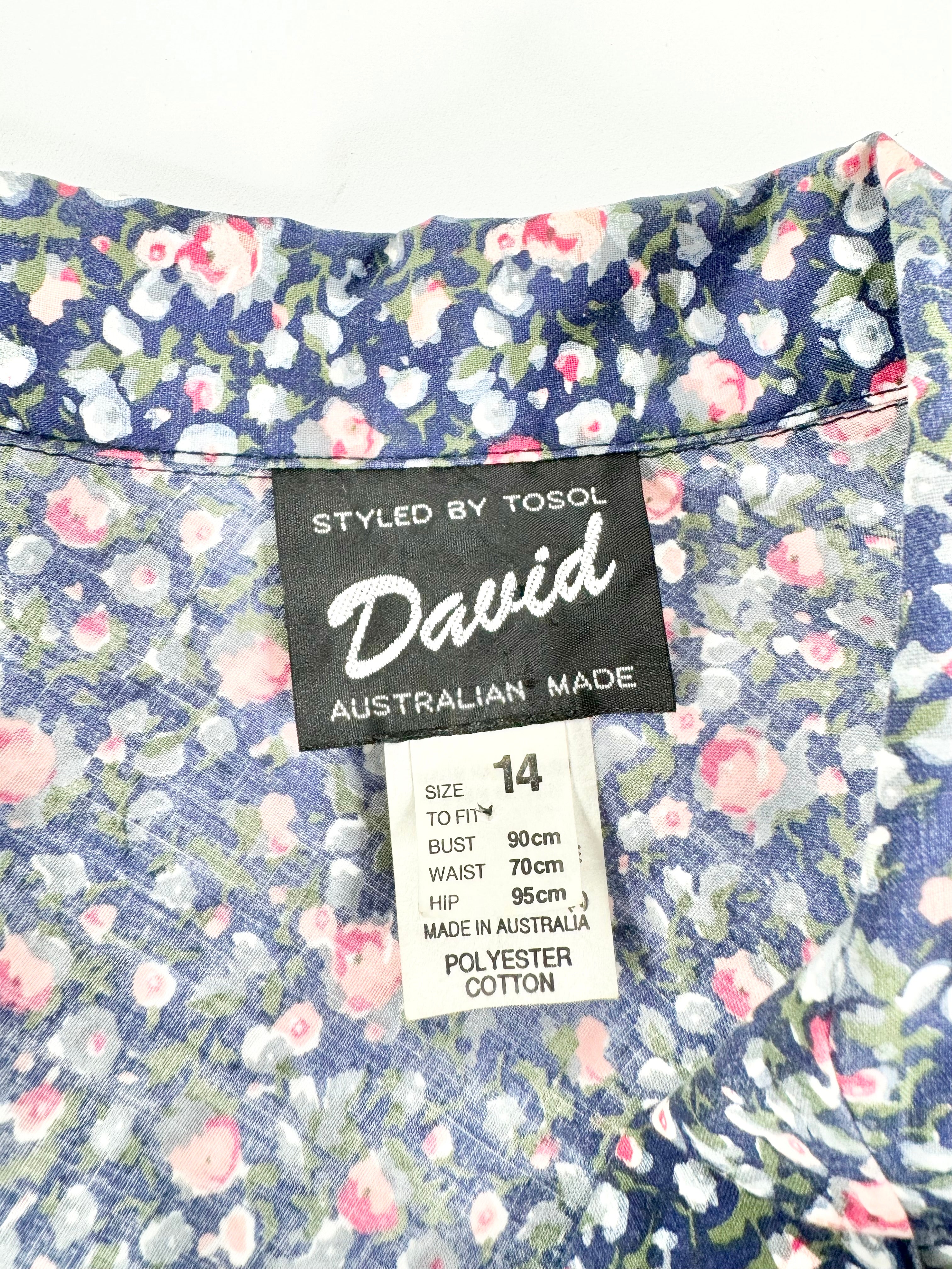 Vintage 80s Styled by David Tosol Blue Floral Dress - AU12