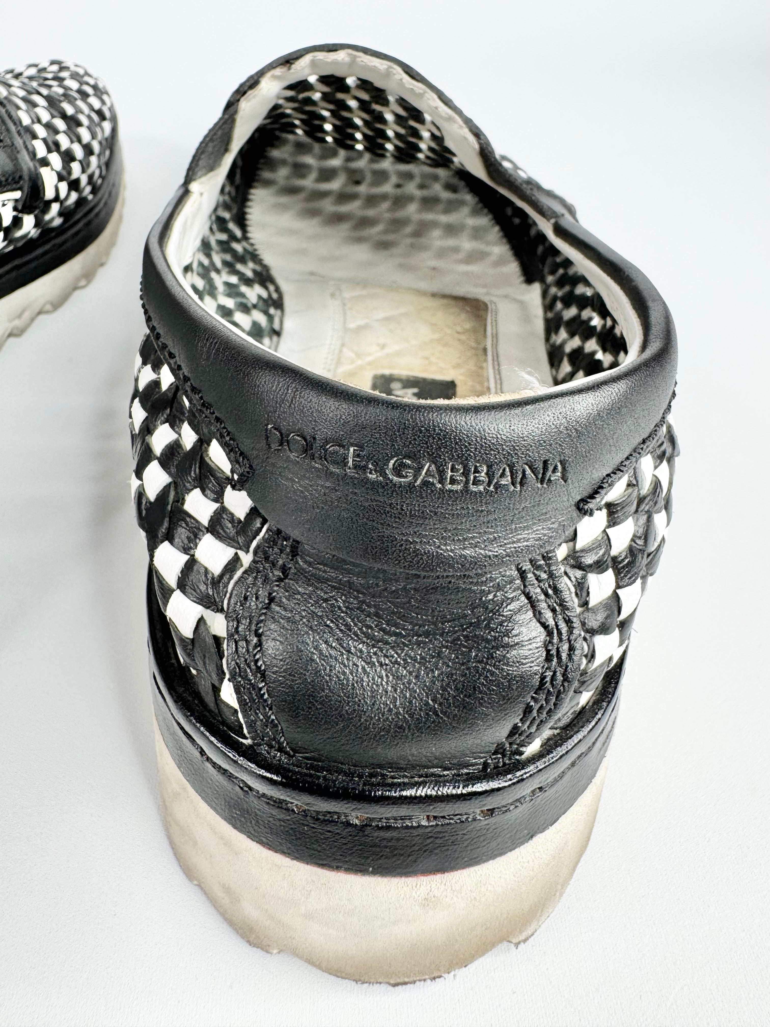 Dolce & Gabbana Black White Weaved Slip On Loafers - EU42