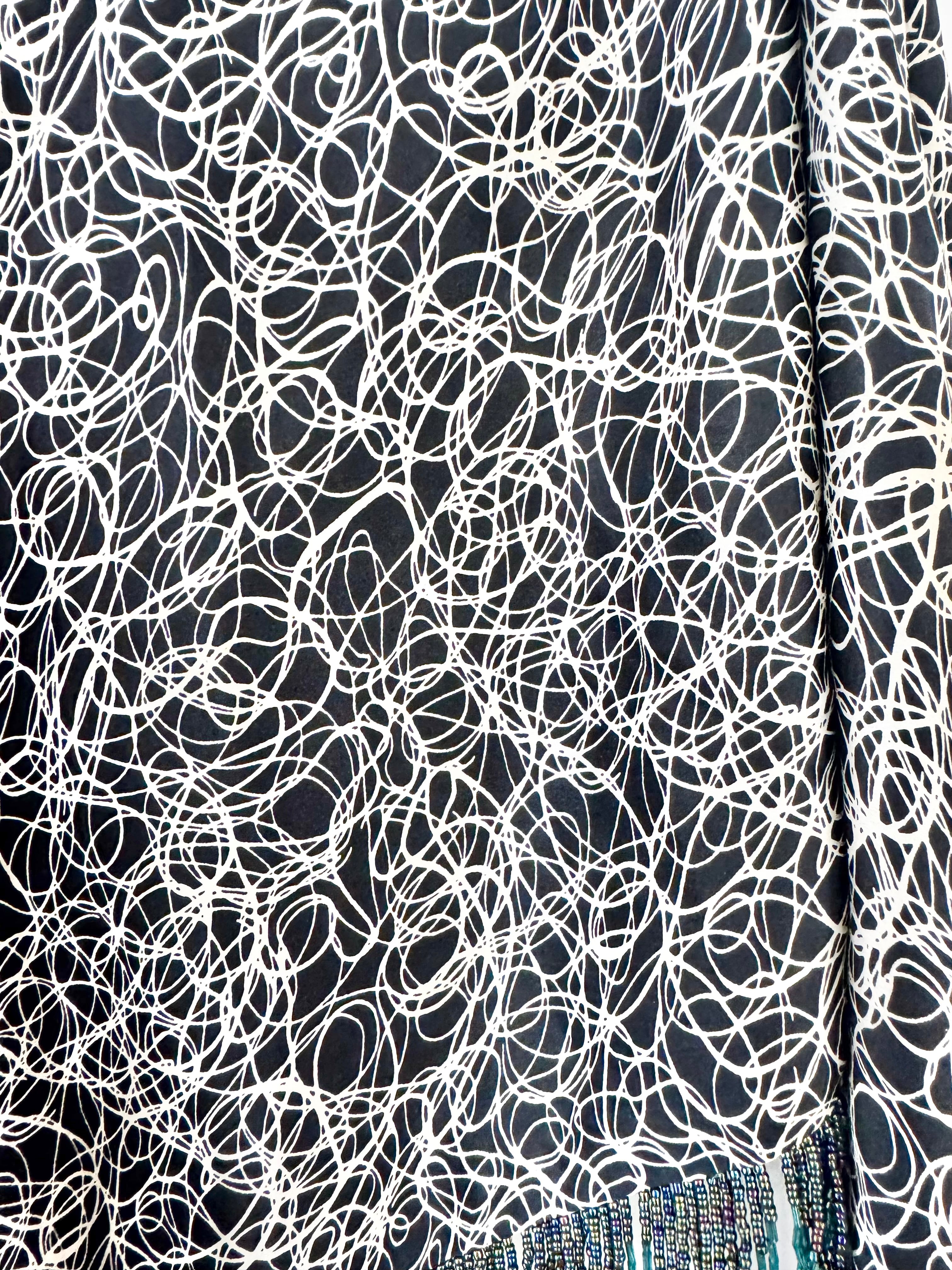 Prova Black & Cream Scribble Pattern Beaded & Fringed Triangle Scarf