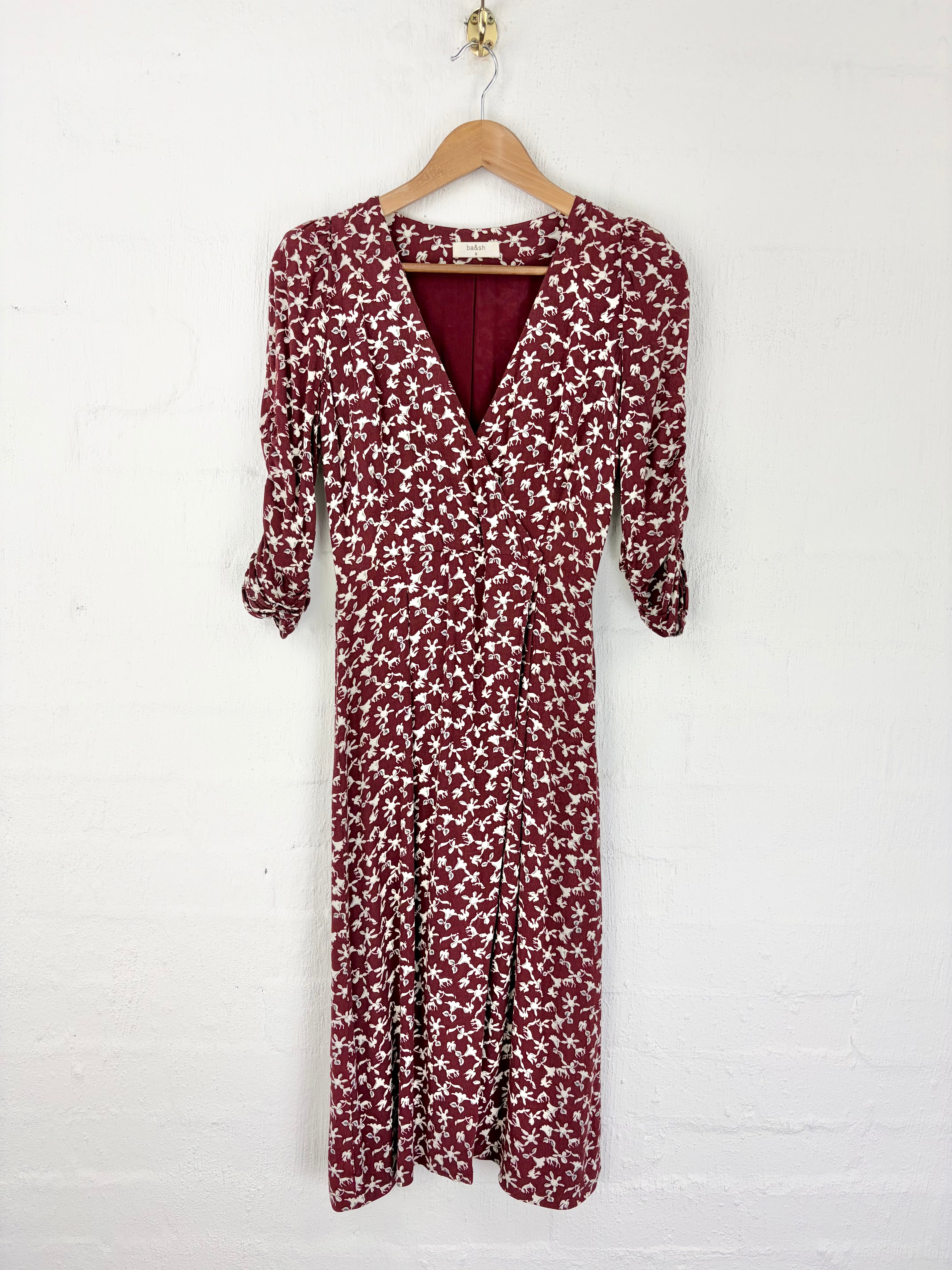 Ba&sh Burgundy & Cream Patterned Ruched Sleeve Dress - AU8/10