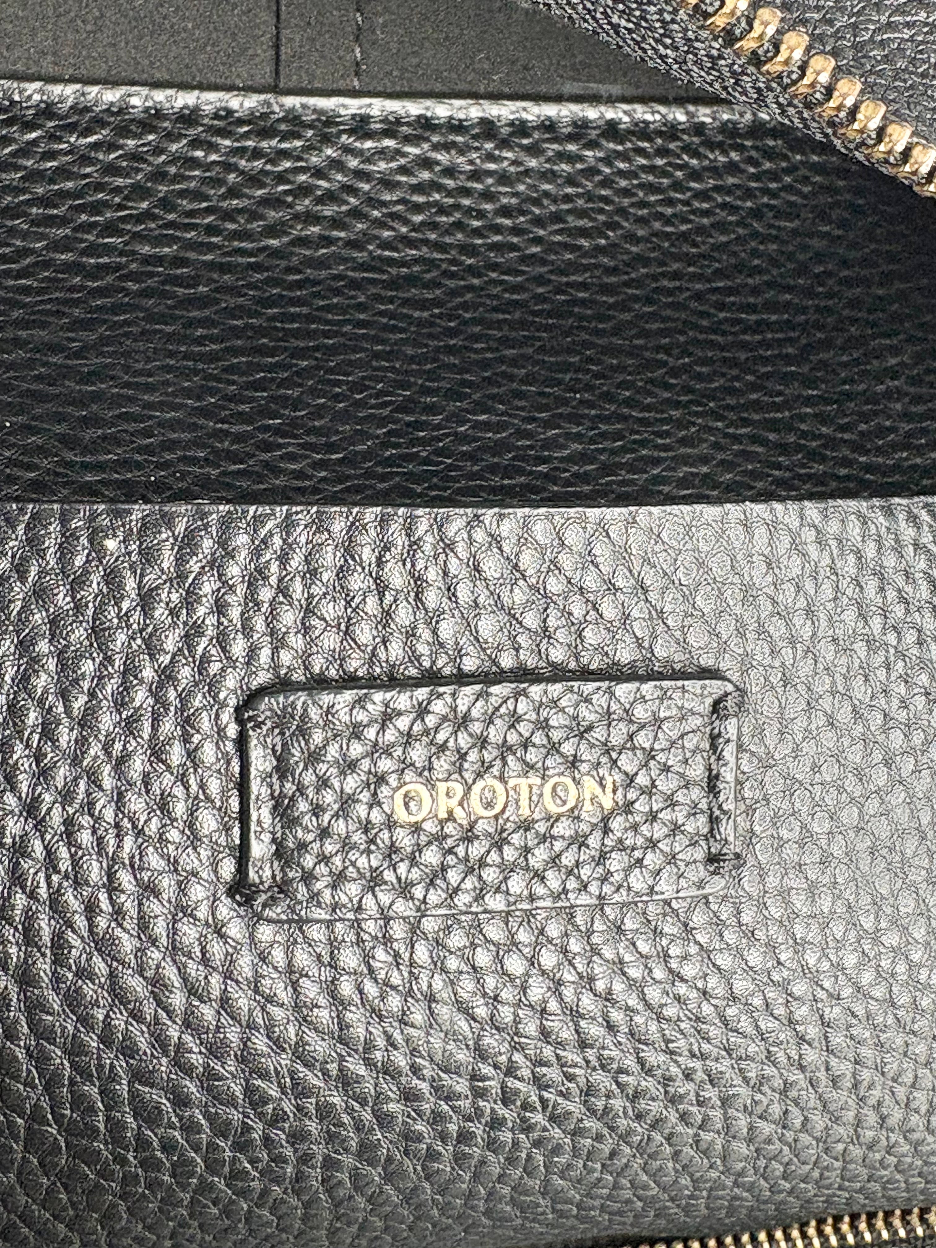 Oroton Grained Black Leather Tote Bag