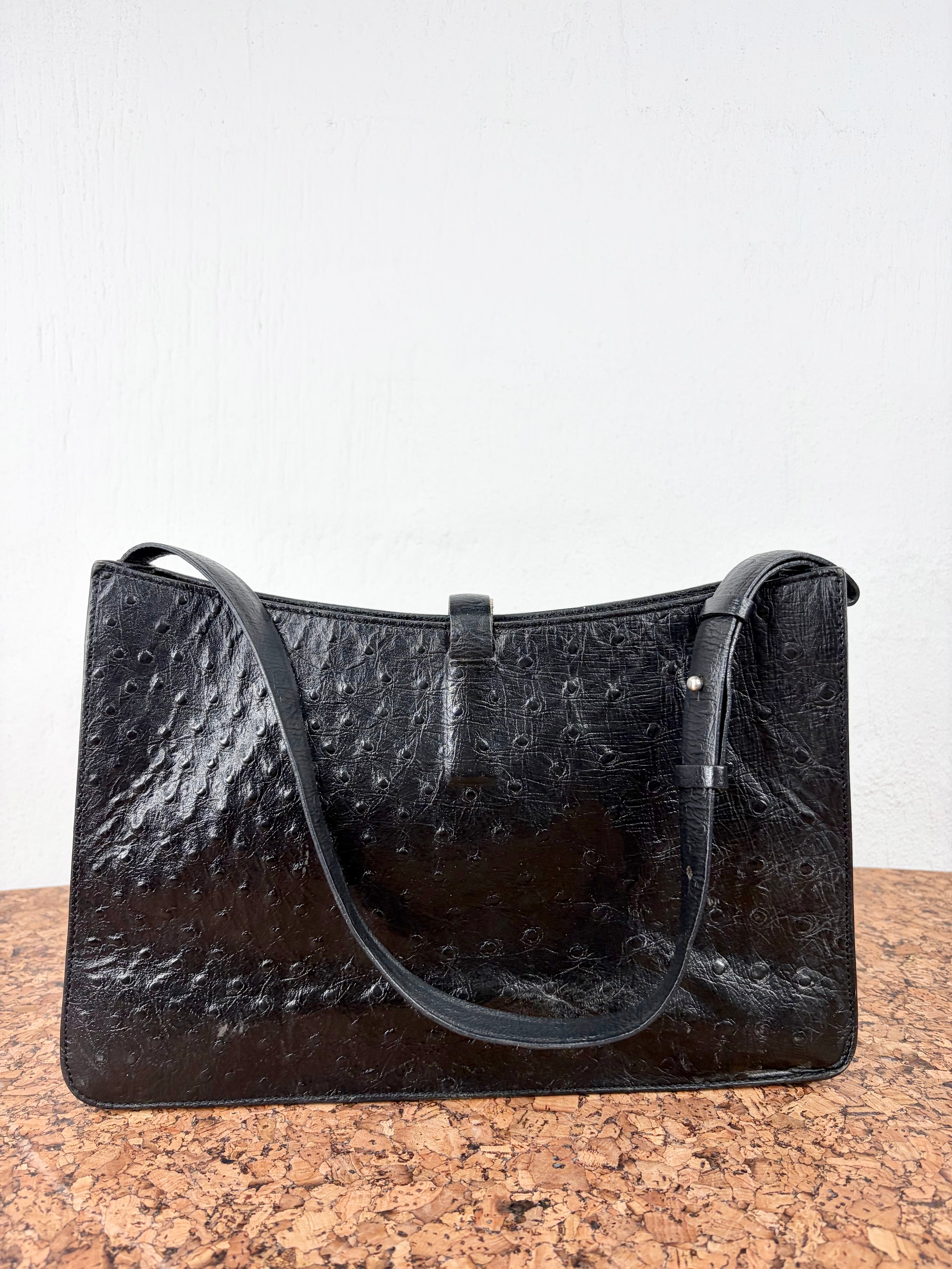 DKNY Black Ostrich Embossed Leather Shoulder Bag
