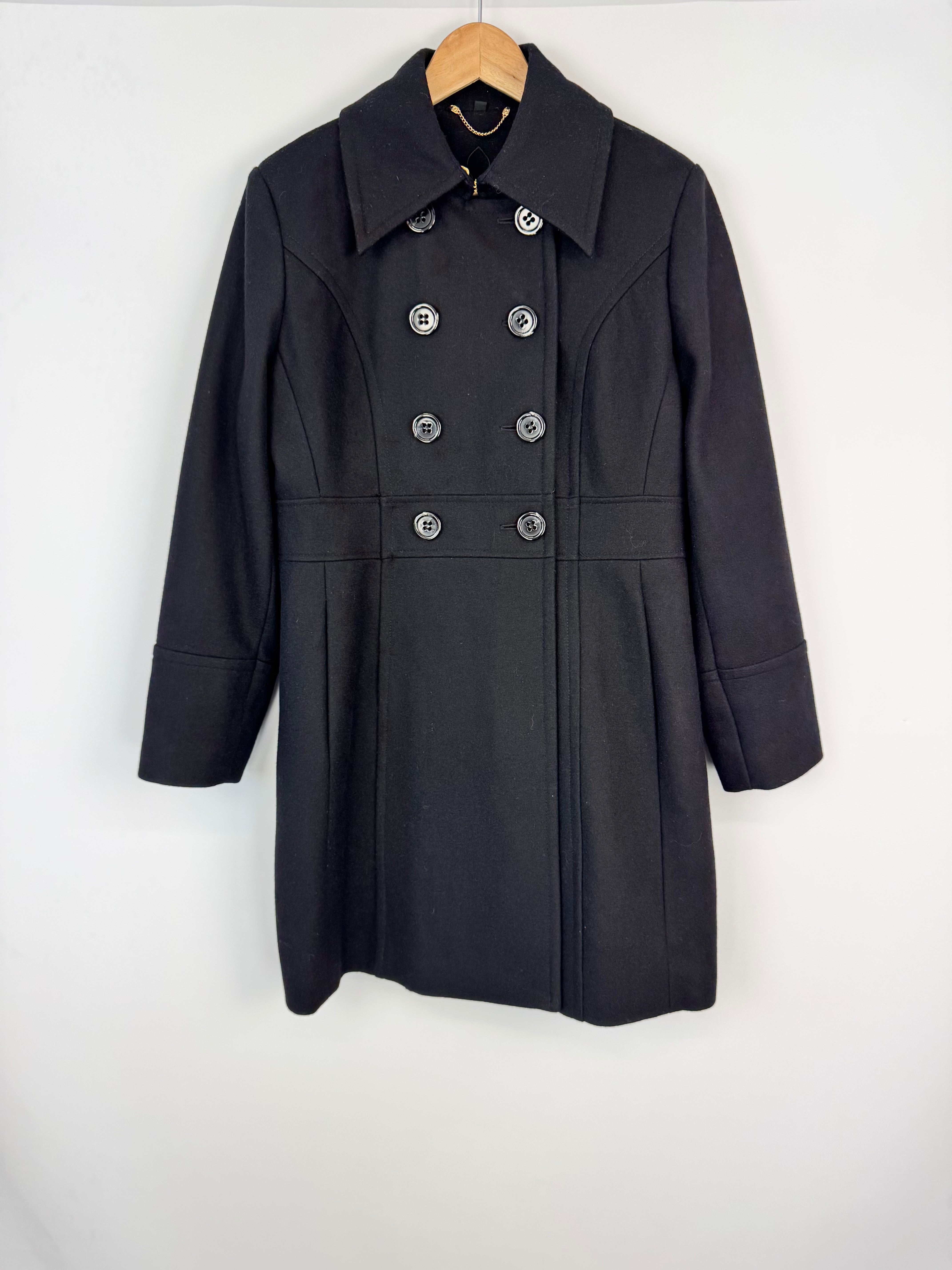 Guess Black Wool Trim Double Breasted Swing Coat - AU16/18