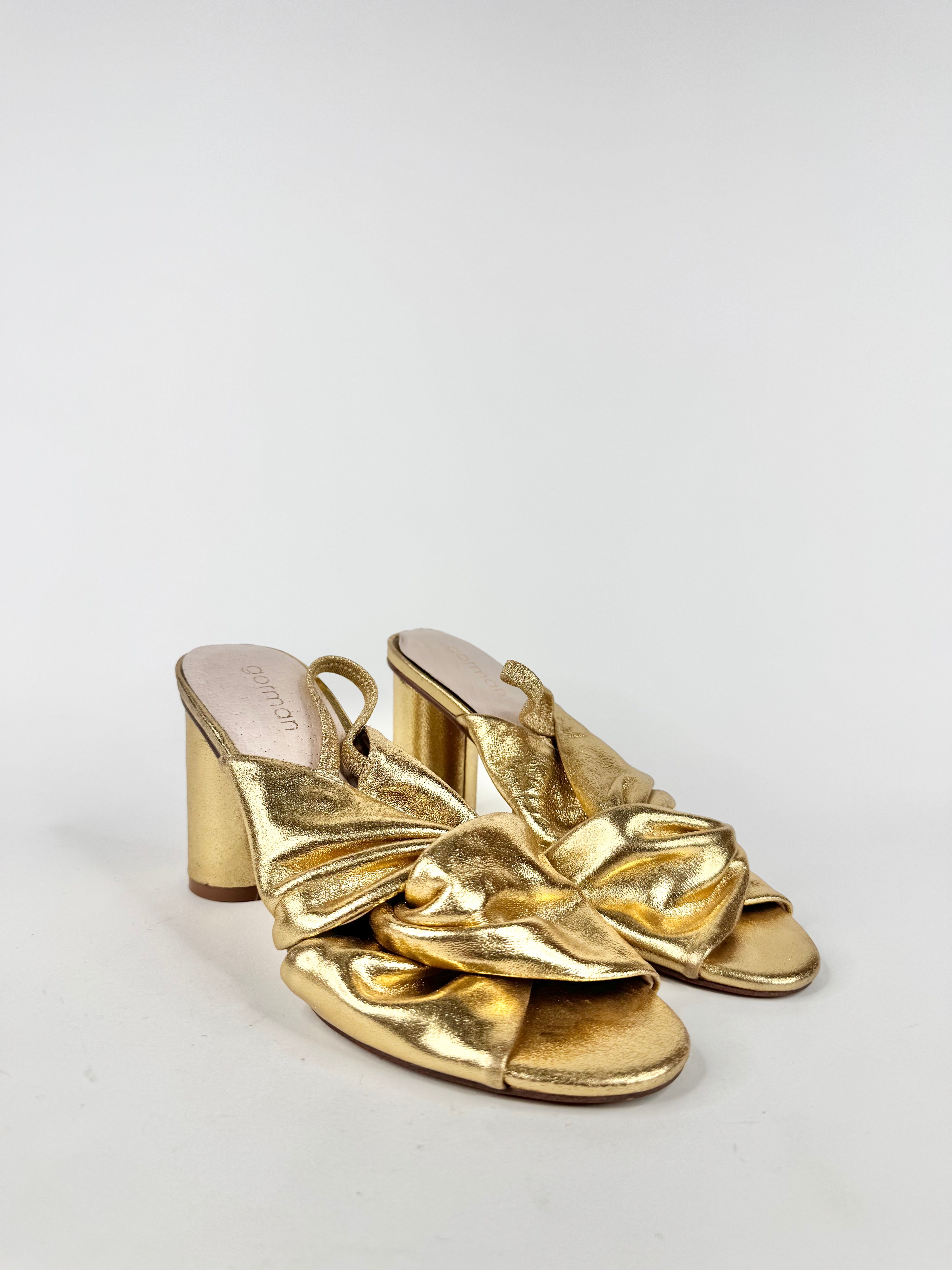 Gorman Metallic Gold Leather Knotted Bloc Heels - EU38