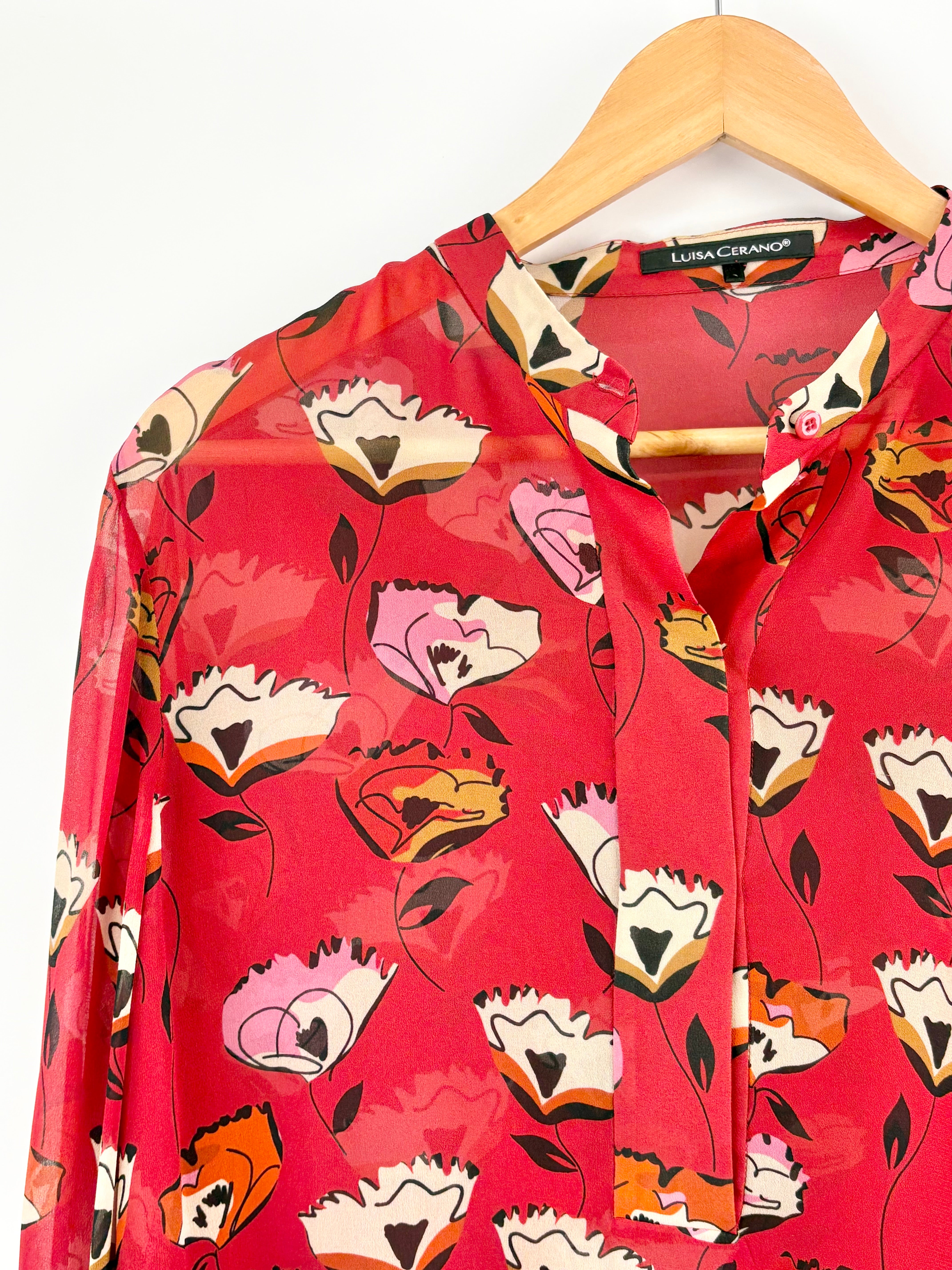 Luisa Cerano Sheer Ruby Red Patterned Blouse - AU12
