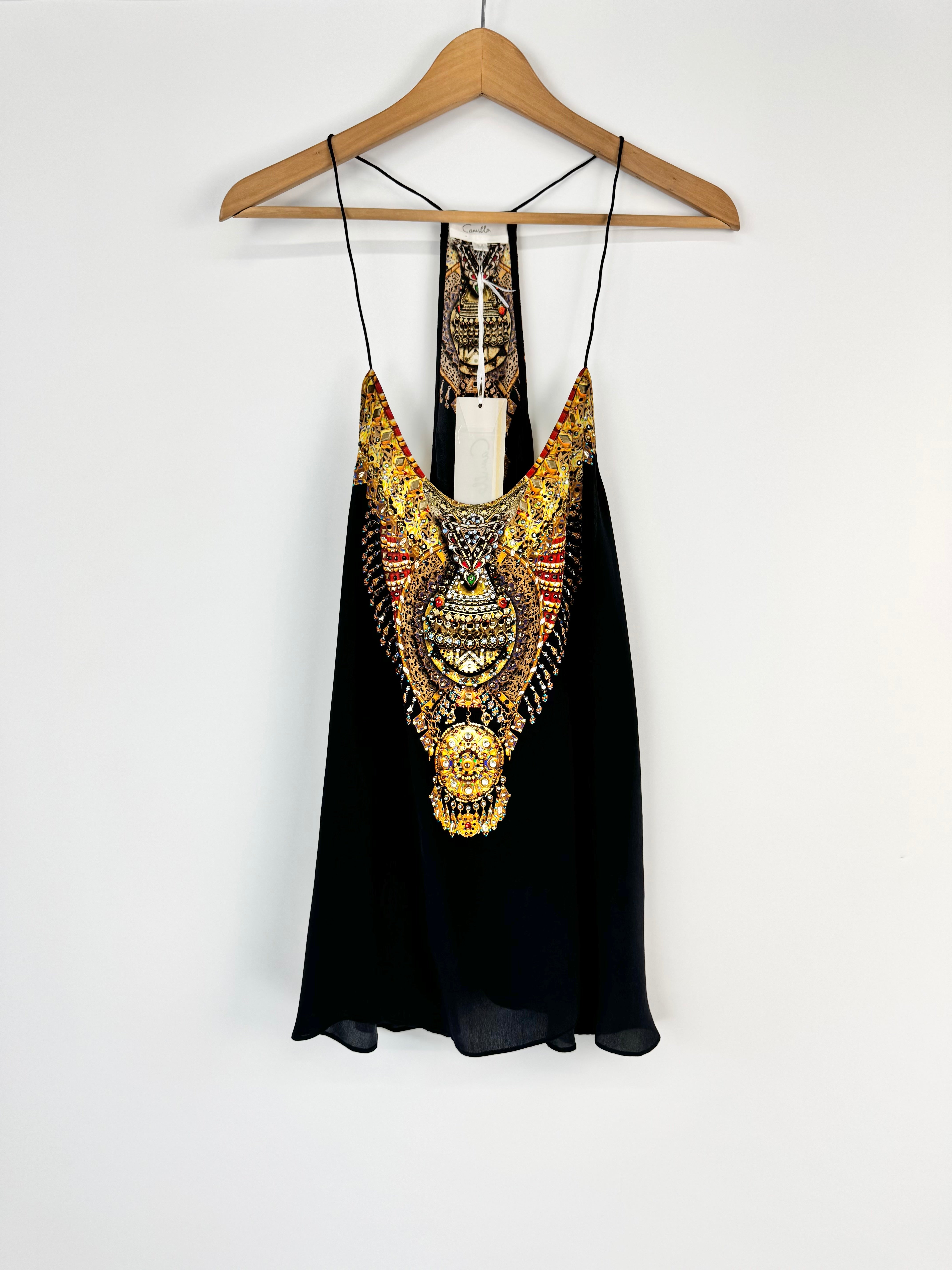 Camilla Black Silk 'T-Back Shoestring Strap Top' NWT - AU10/12