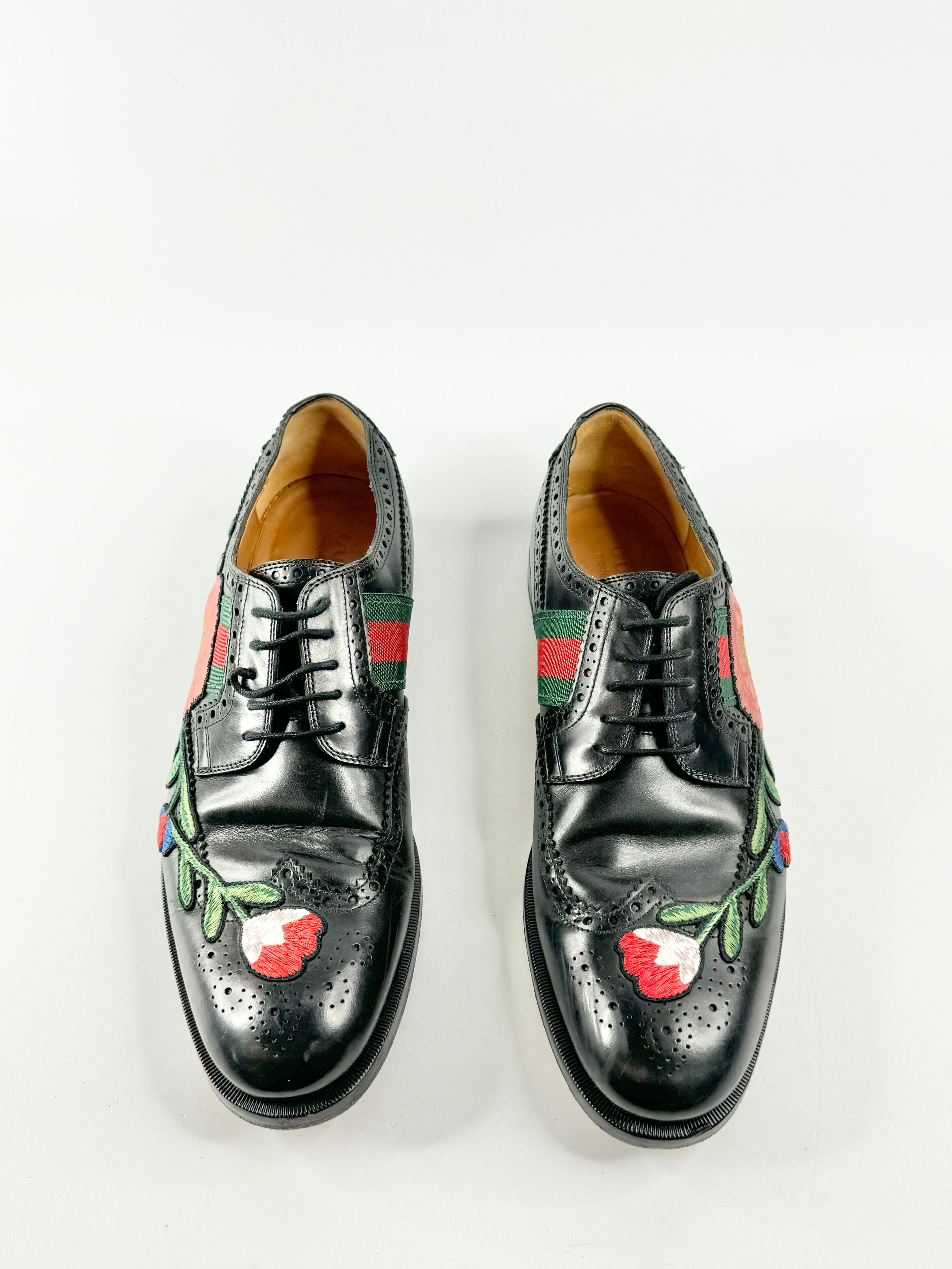 Gucci Black Applique Leather Wingtip Brogues - 9.5