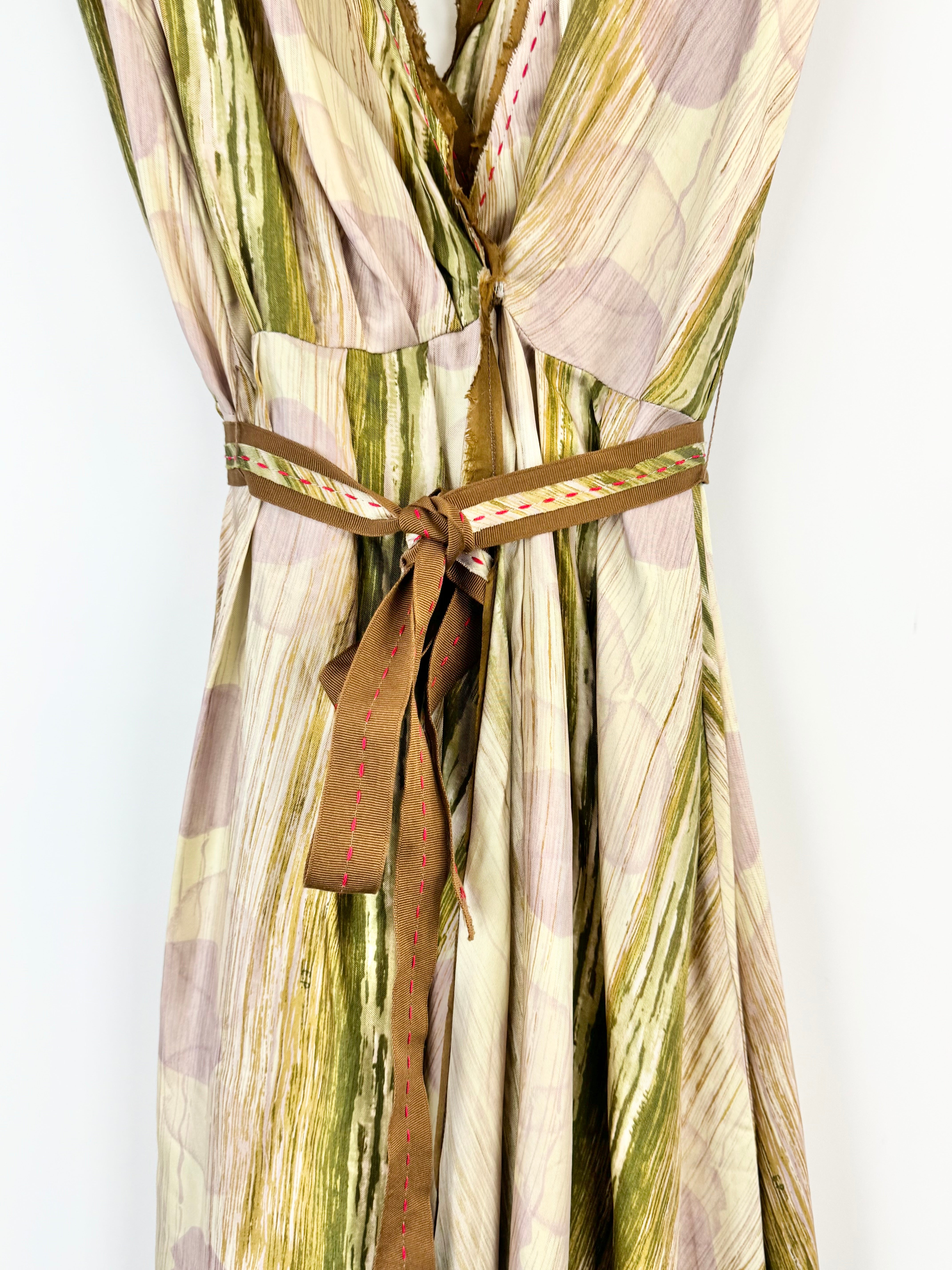 Easton Pearson Green & Mauve Striped Silk Maxi Dress - AU12