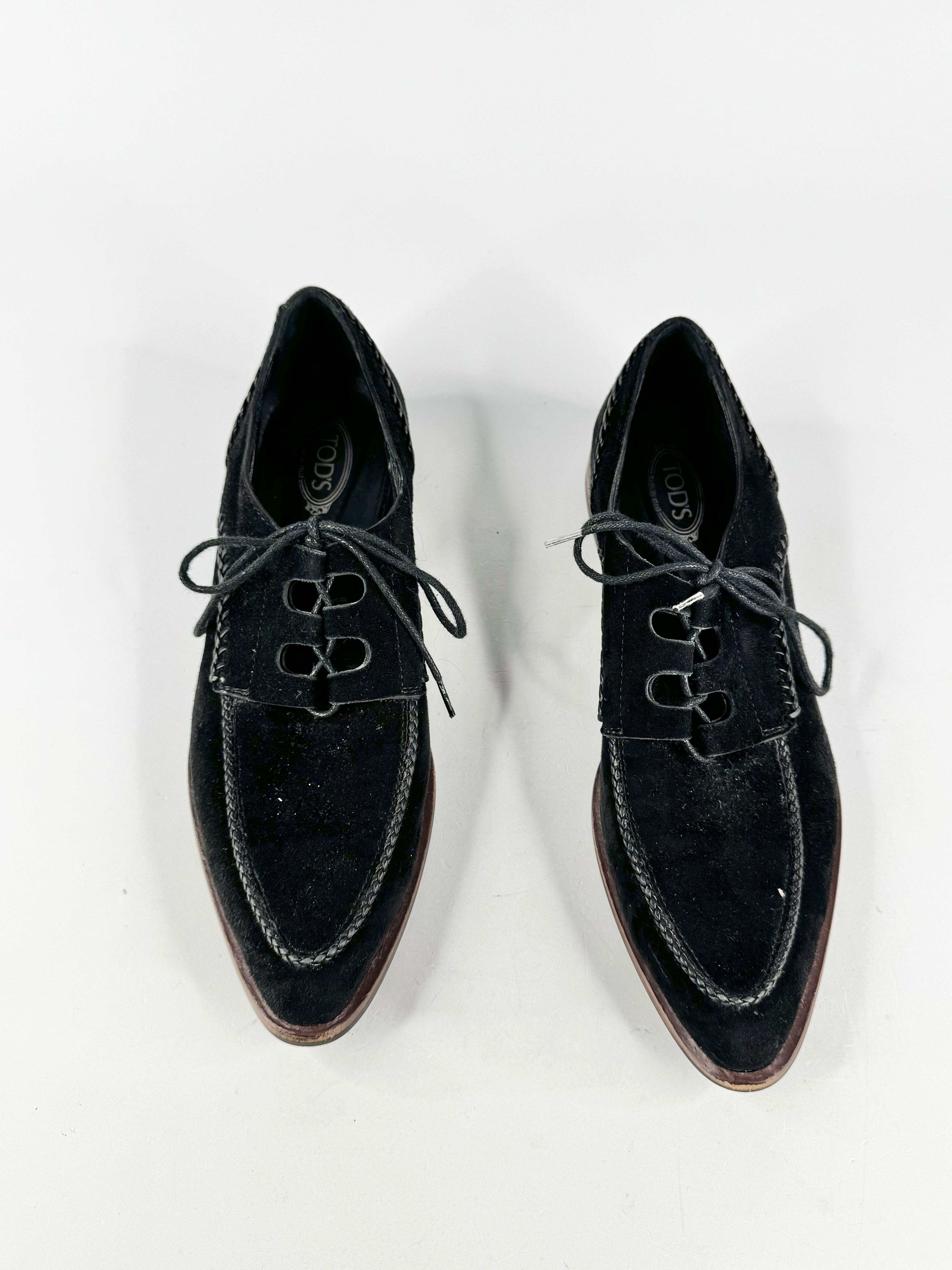 Tod's Black Suede Pointed Toe Lace Ups - EU38.5