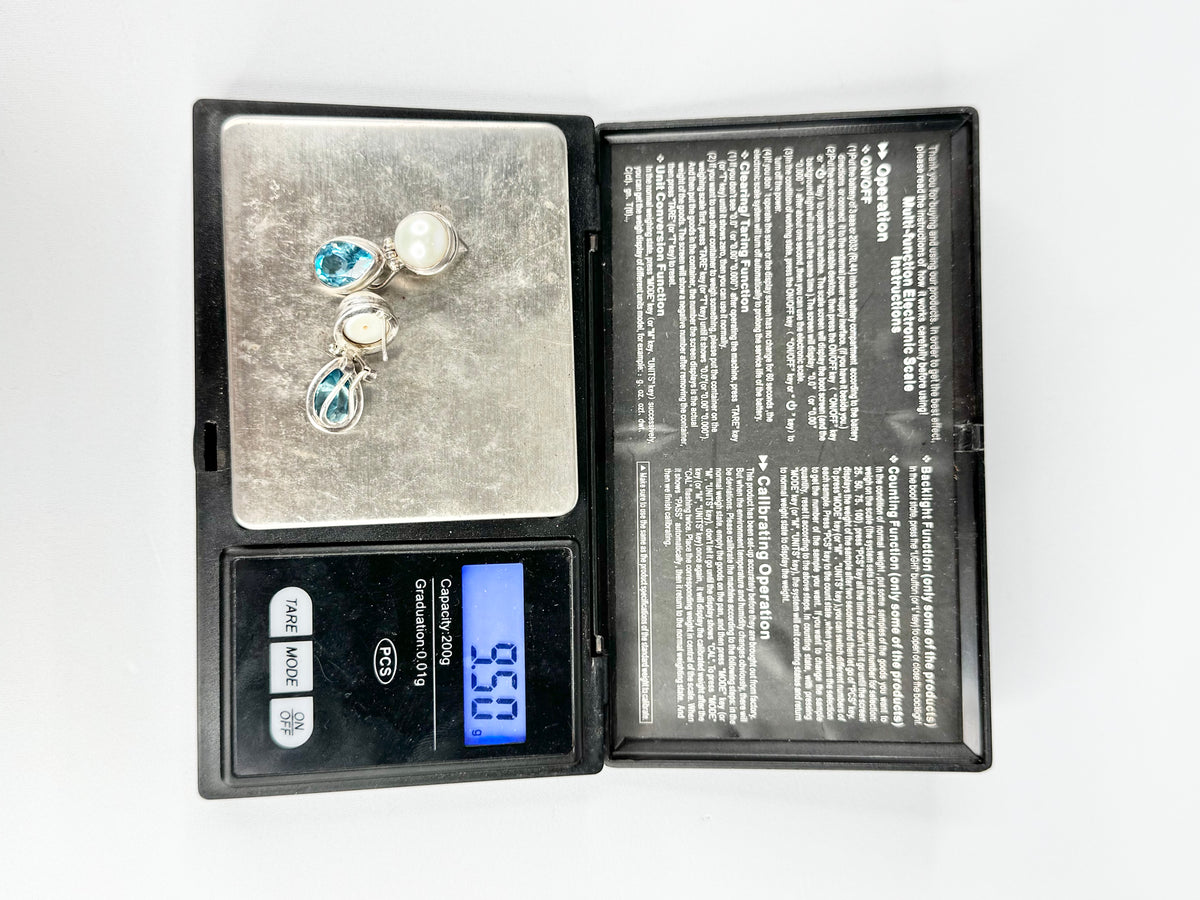 Silver, Pearl & Aqua Crystal Earrings