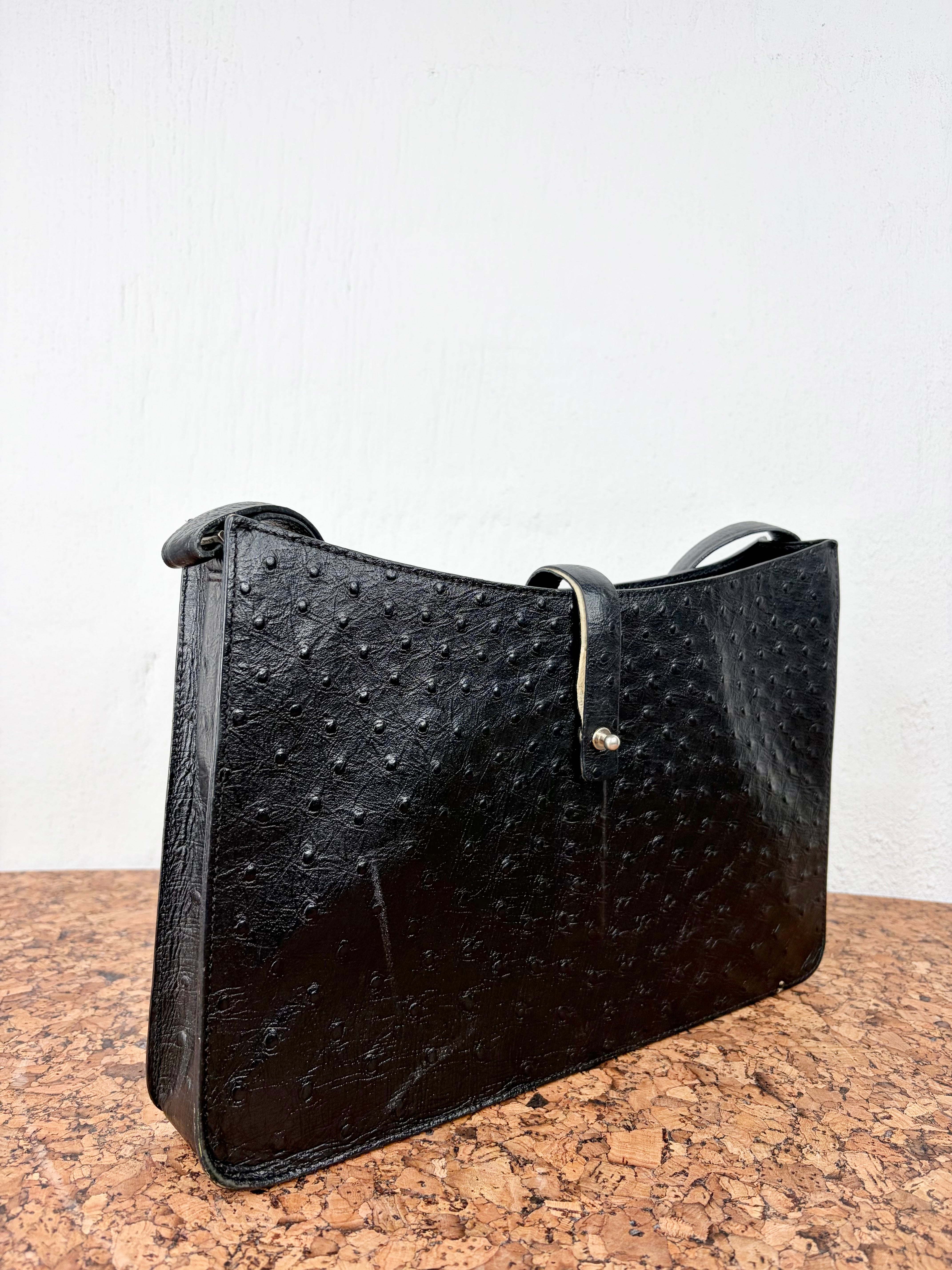 DKNY Black Ostrich Embossed Leather Shoulder Bag