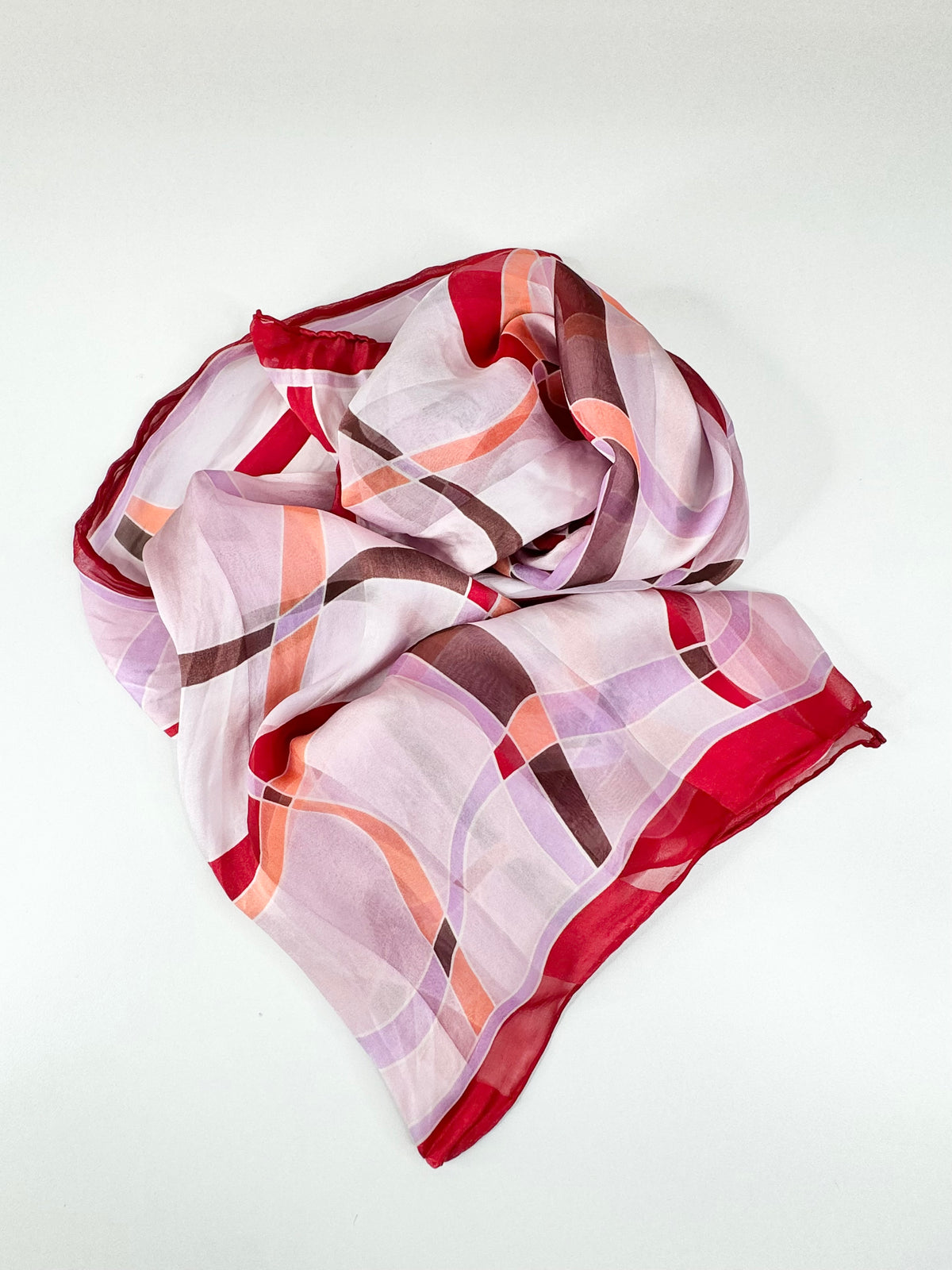 Retro Patterned Red & Lavender Hand-Rolled Silk Scarf