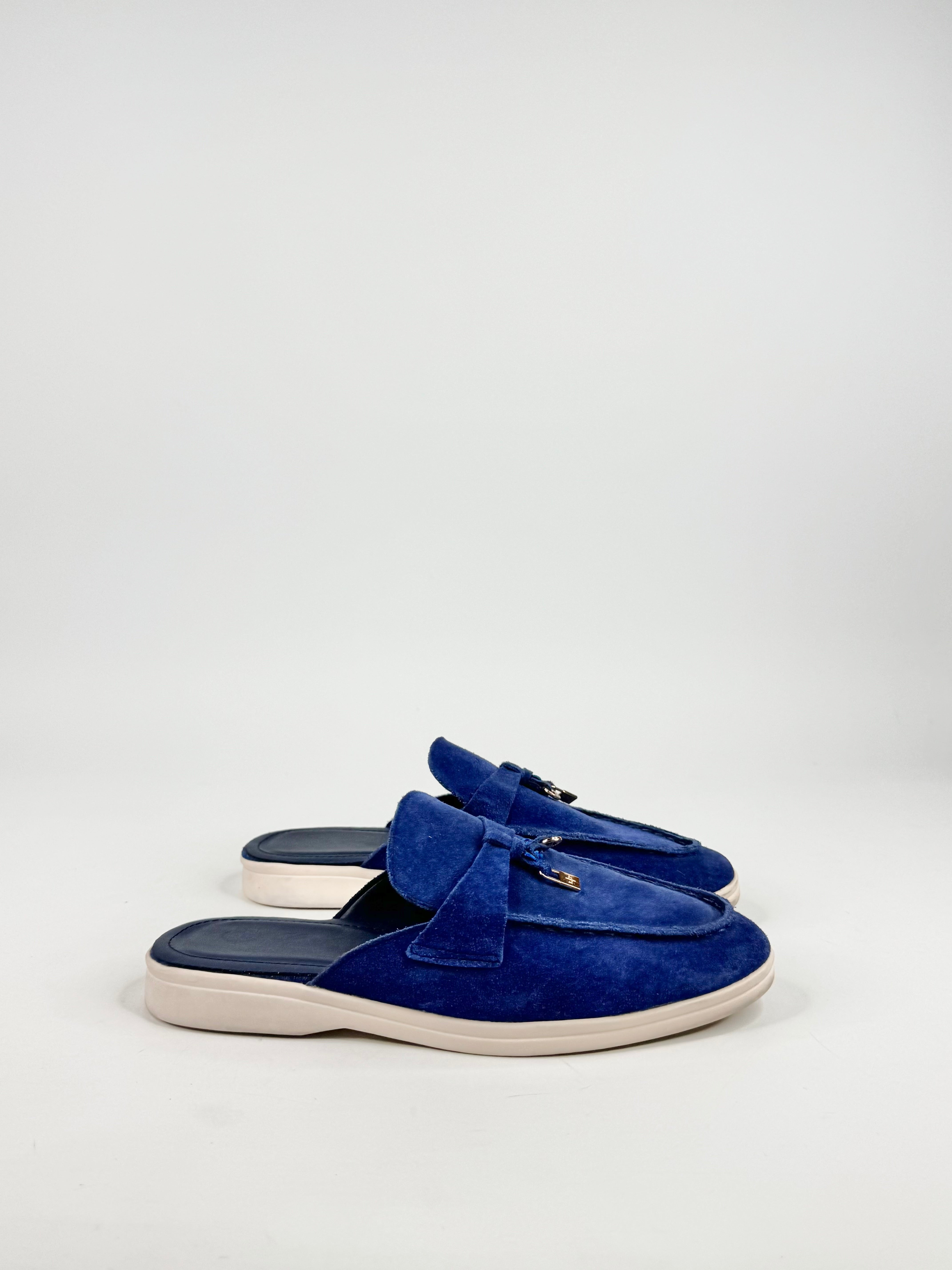 Loro Piana Blue Suede Babouche Charm Embellished Mules - EU38