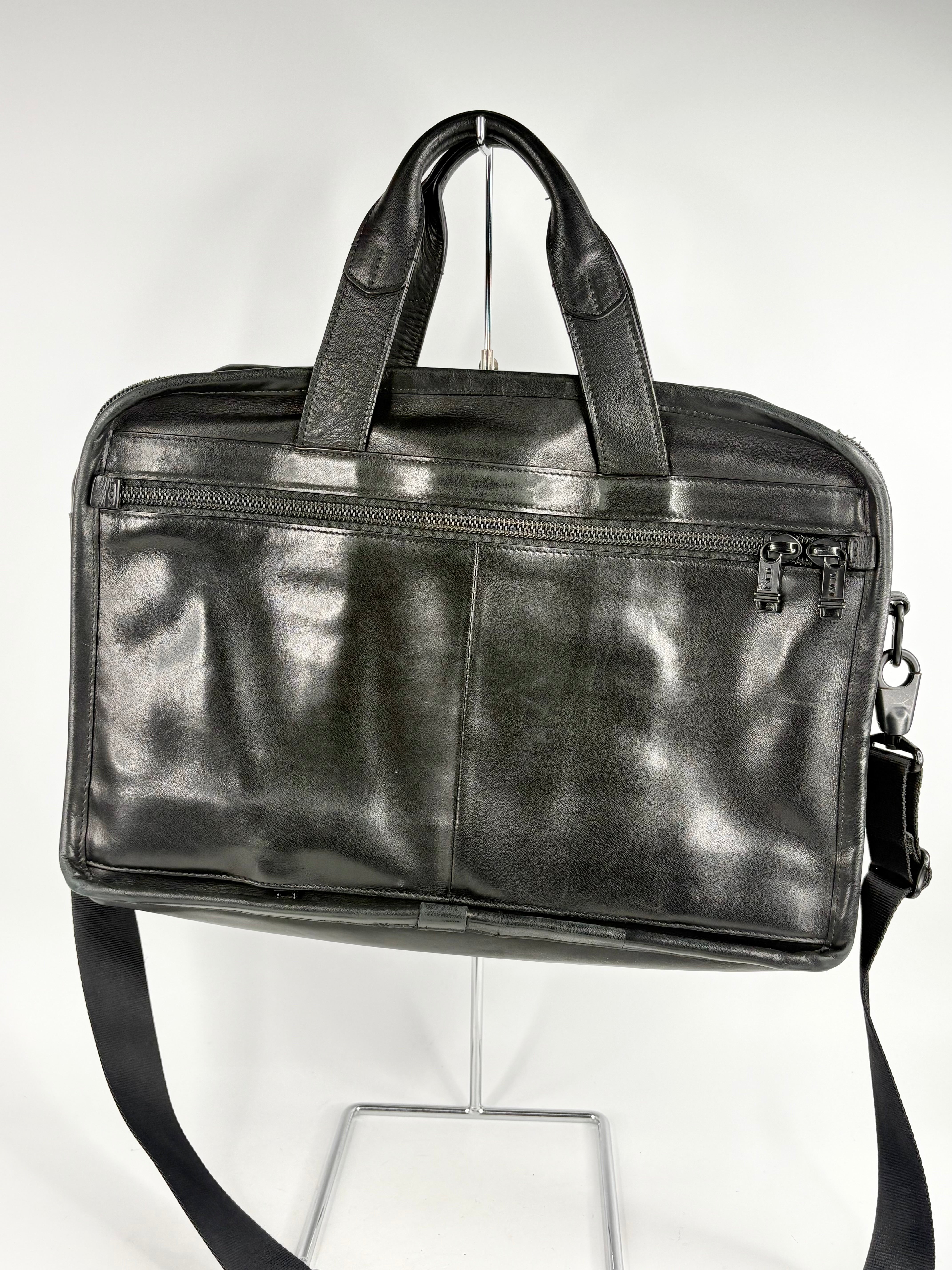 Tumi Black Leather Accordion-Style Messenger Briefcase