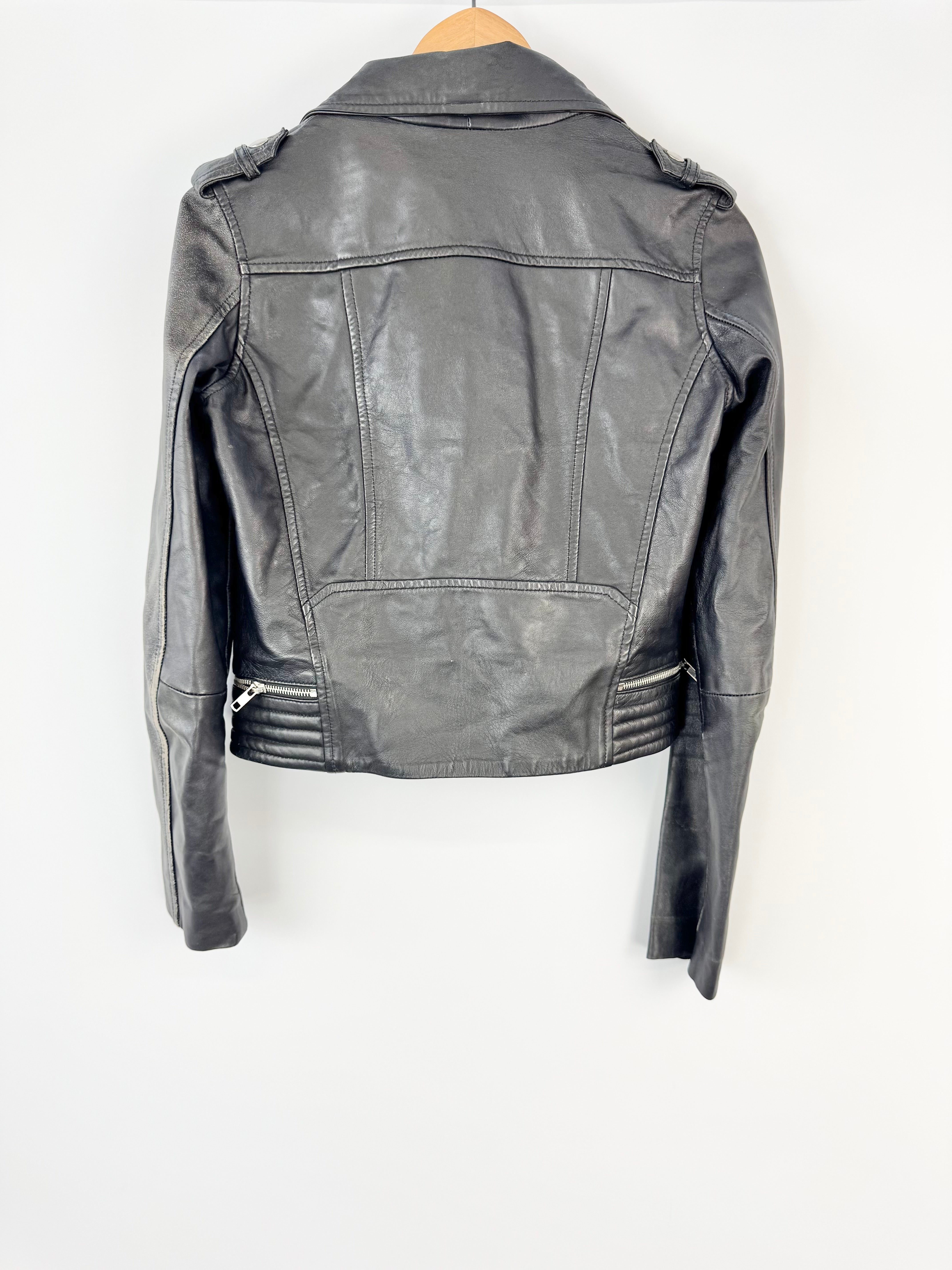 Maje Black Leather Cropped Biker Jacket - AU10