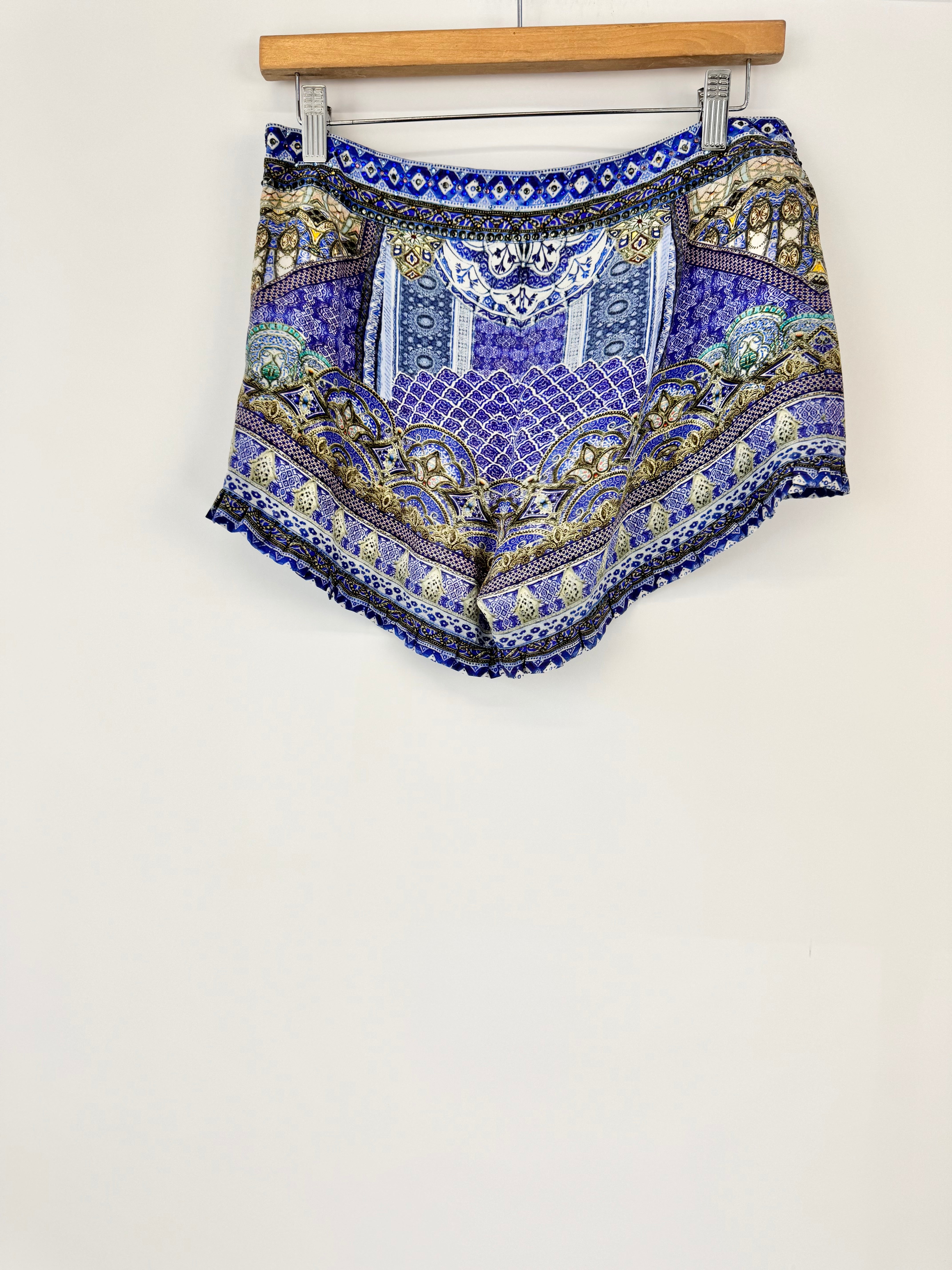 Camilla Blue Graphic Pattern 'Boheme' Silk Ruffle Trim Short Shorts - AU10