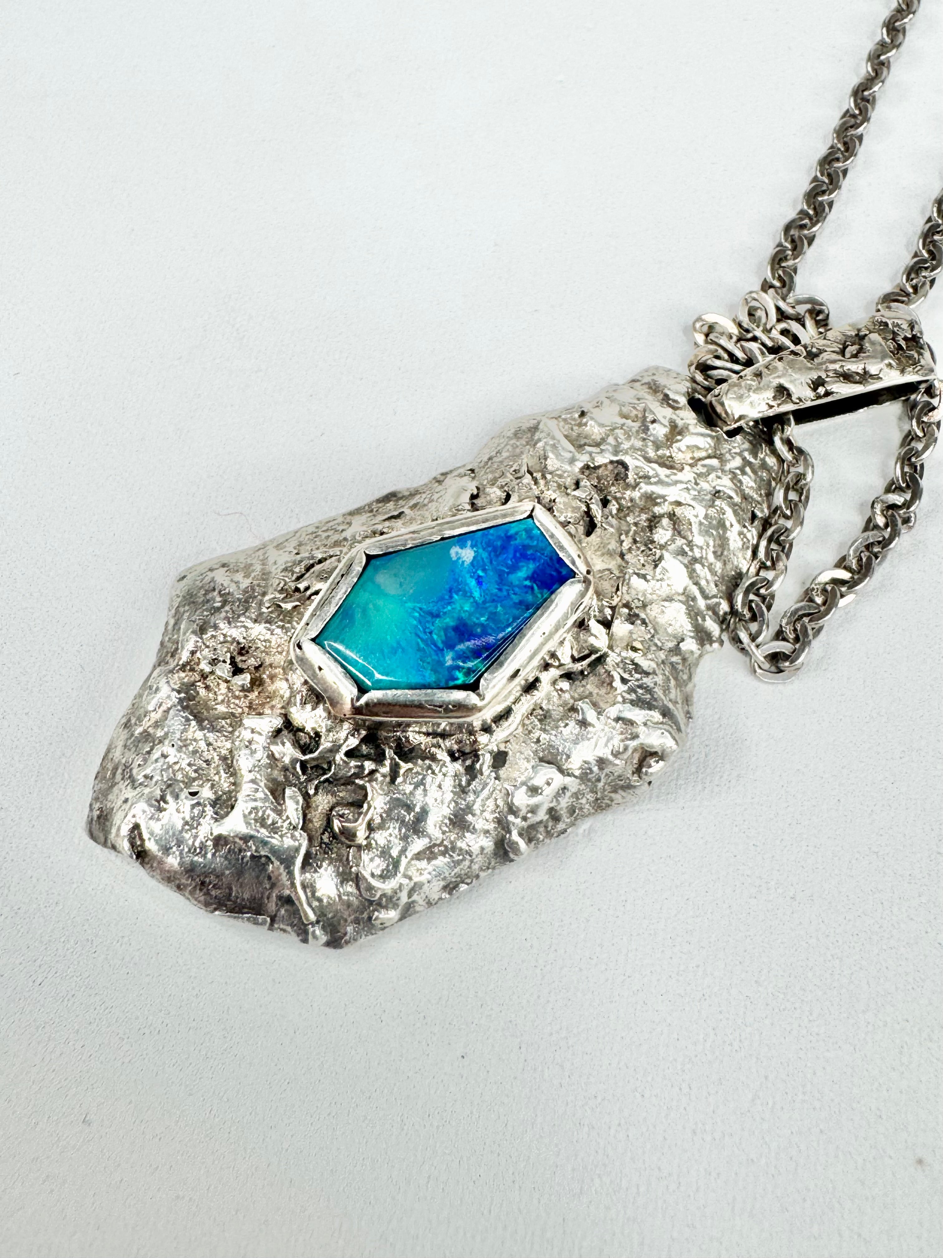 Hand Crafted Opal & Silver Textured Pendant & Chain