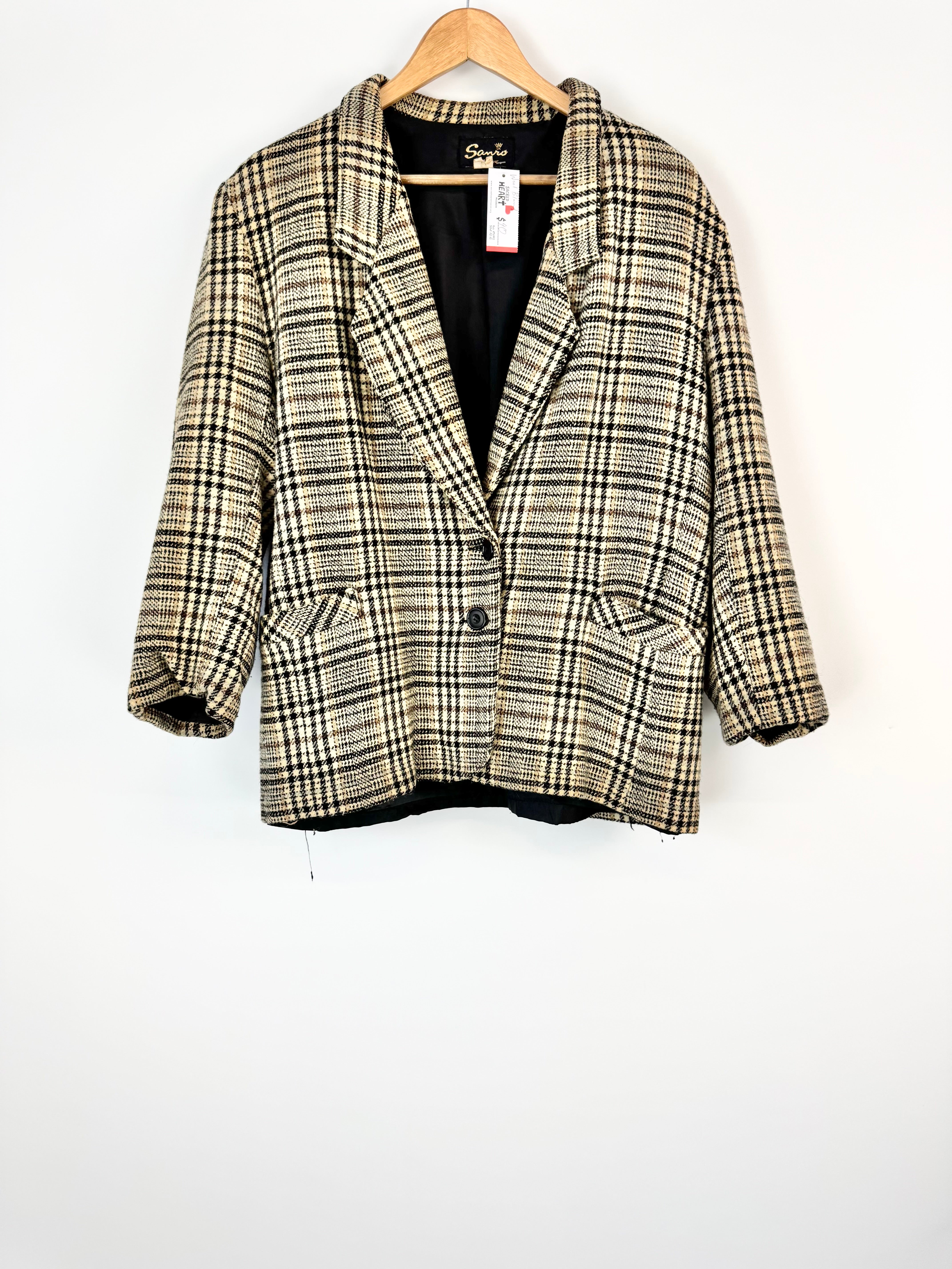 Vintage Wool Blend Cream Glen Plaid Blazer - AU16