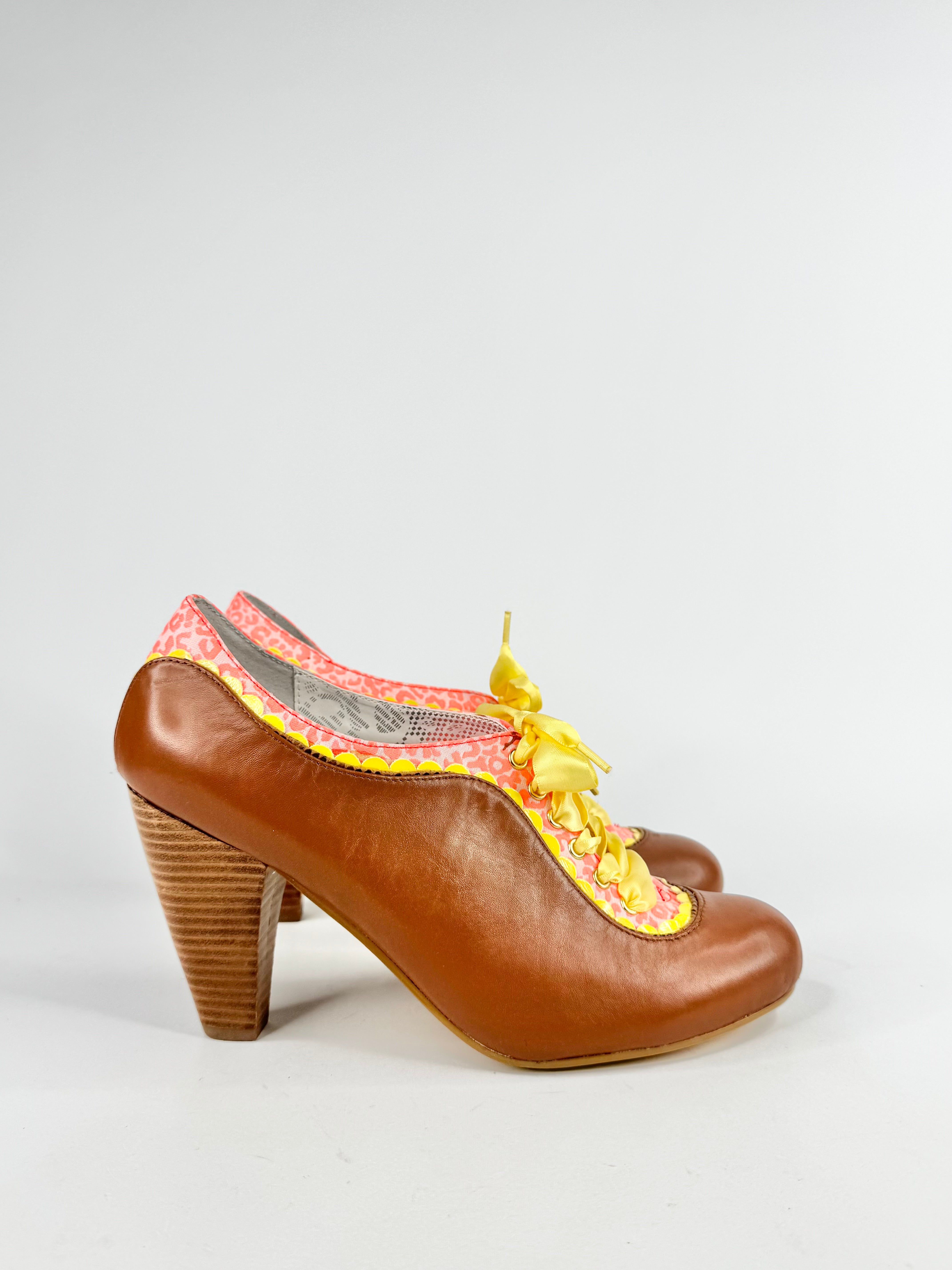 Poetic Licence Tan, Yellow & Pink Ribbon Lace Heels - EU40.5