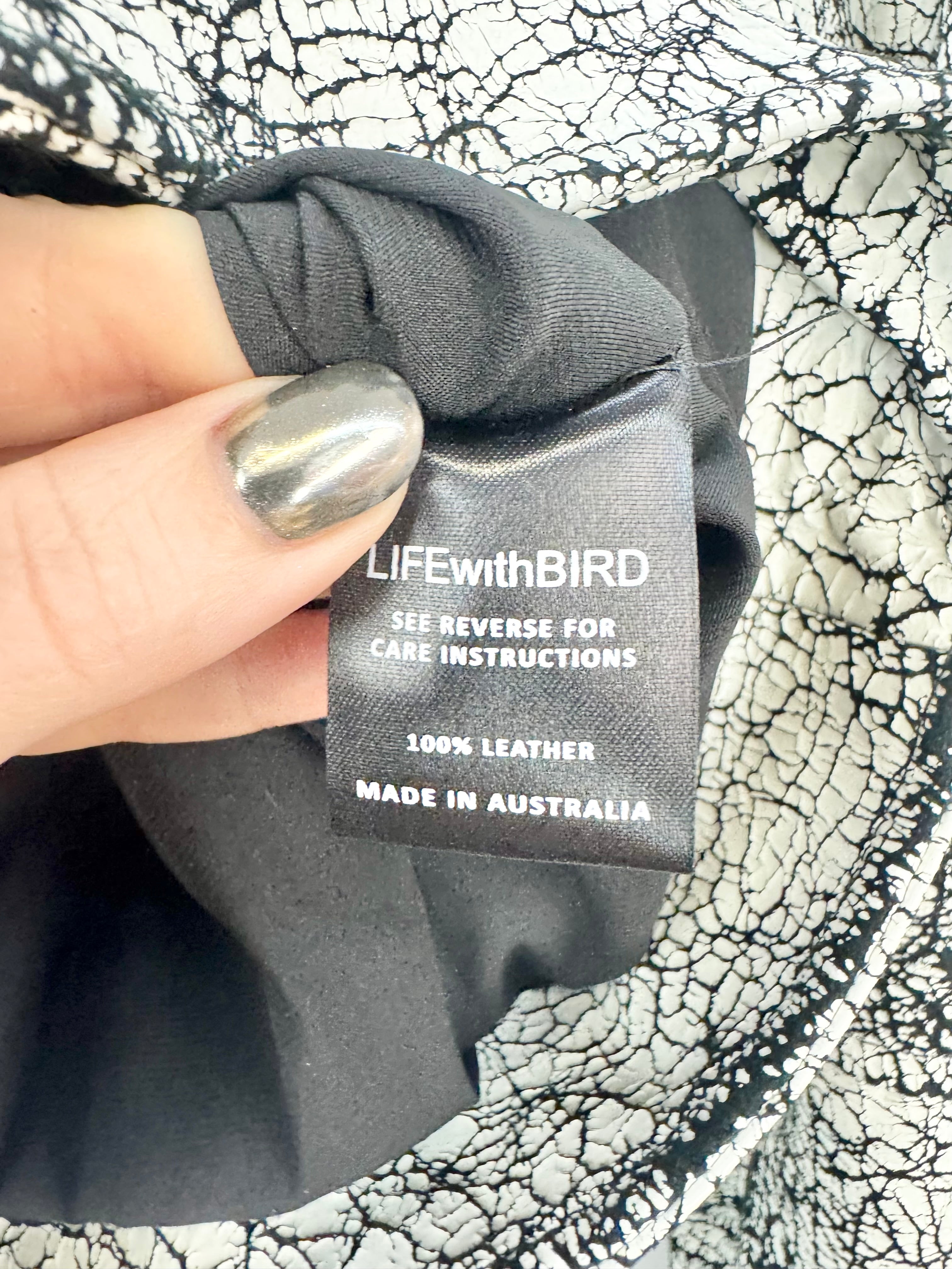 Life with Bird Black & White Crackle Leather Biker Jacket - AU8