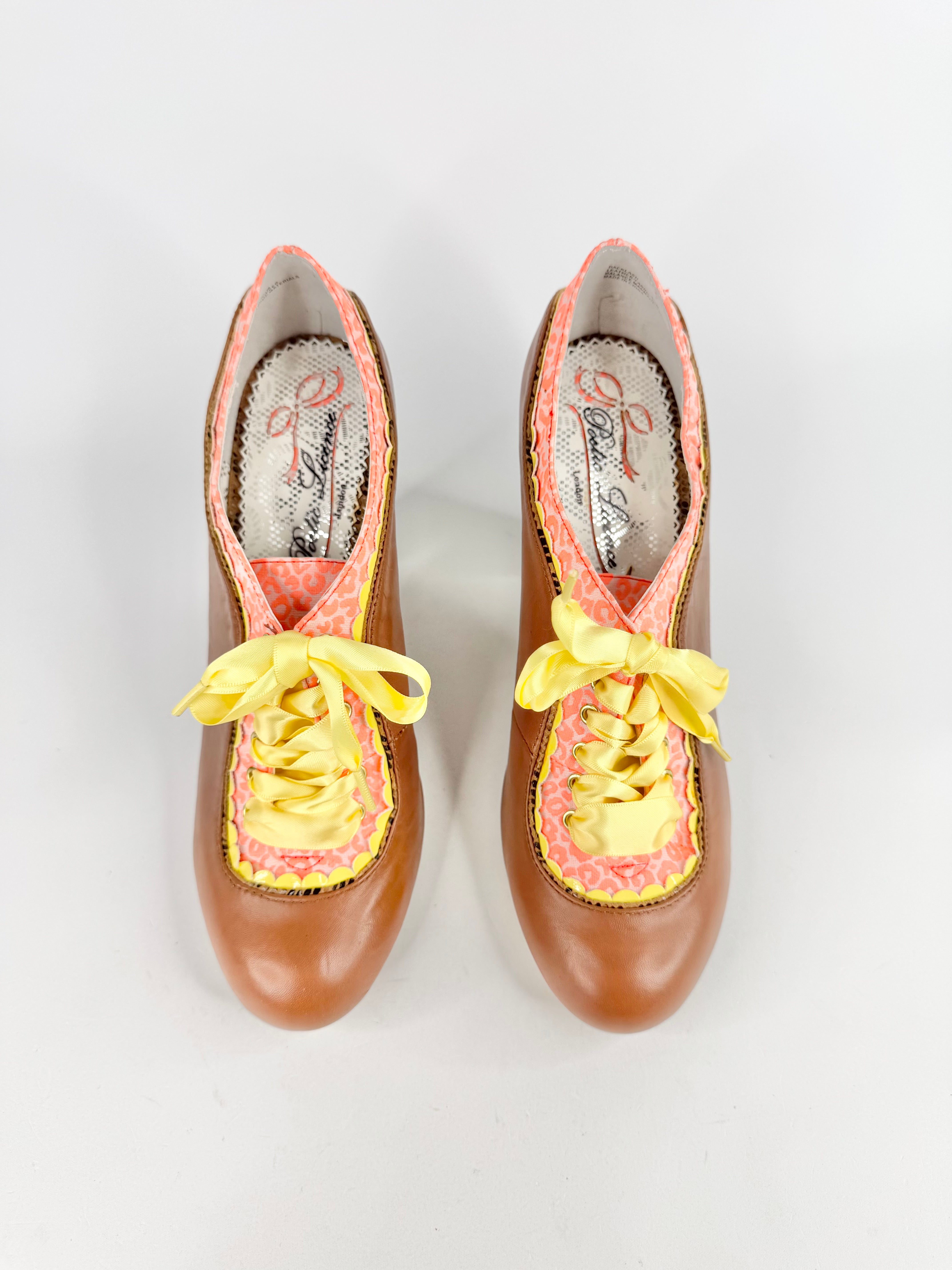 Poetic Licence Tan, Yellow & Pink Ribbon Lace Heels - EU40.5